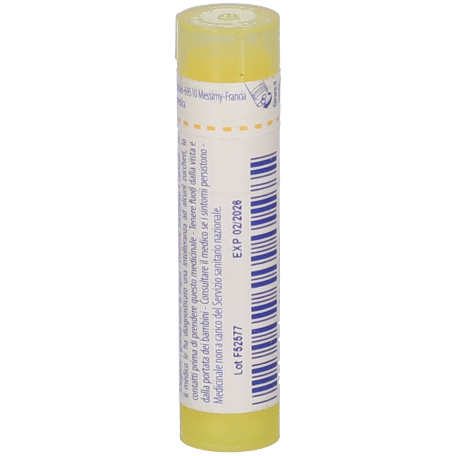 Tubo giallo con "Ricinus communis". Contiene granuli. Scadenza 02/2026.