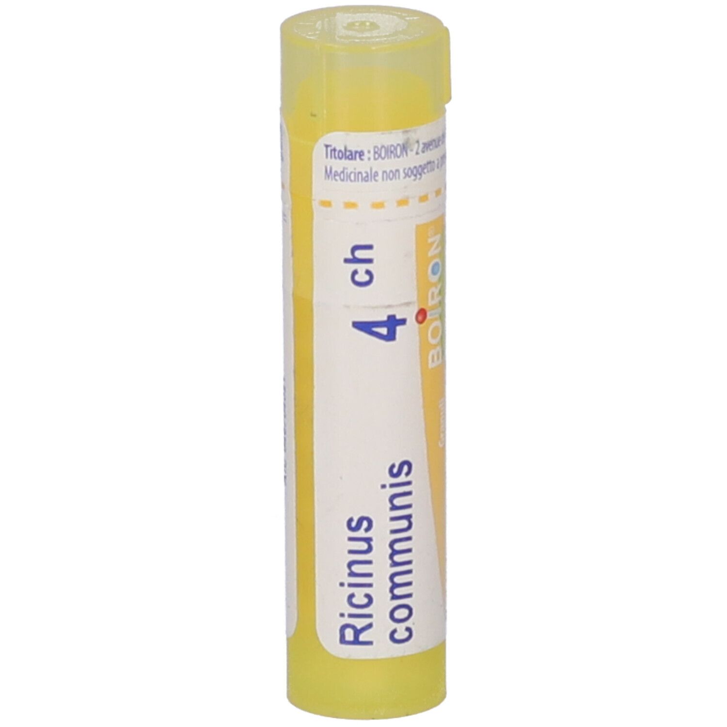 Tubo giallo con "Ricinus communis 4 ch" e logo BOIRON. Vista verticale.