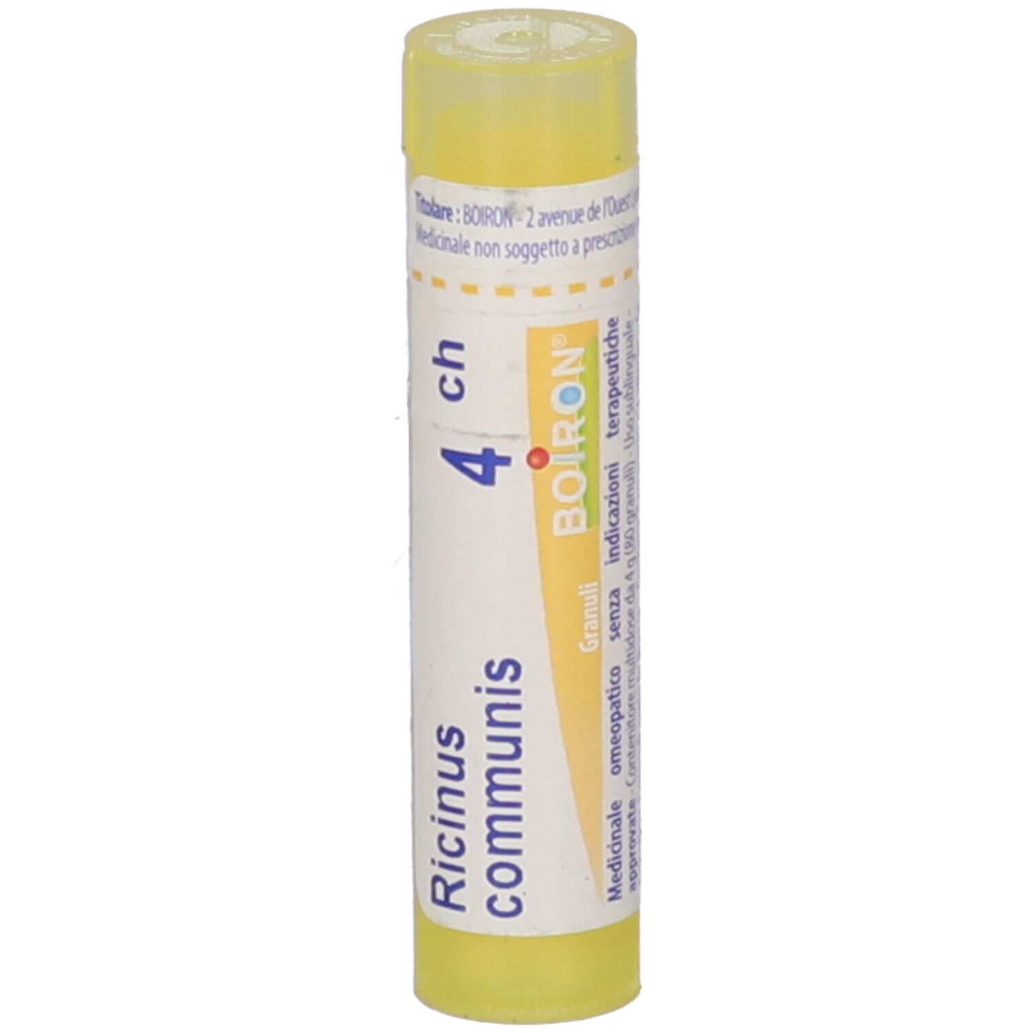 Tubo giallo con "Ricinus communis 4 ch" e logo BOIRON. Contiene granuli.