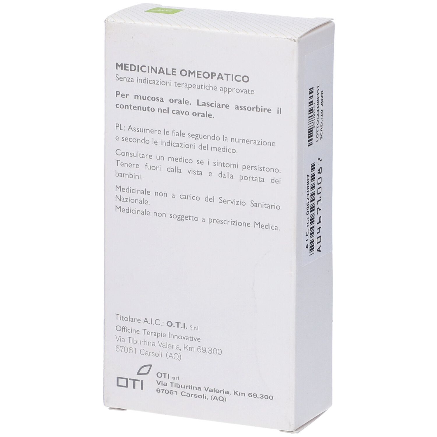 Confezione bianca con testo. Logo Oti in basso. Testo: Medicinale Omeopatico, senza indicazioni terapeutiche. Informazioni produttore.