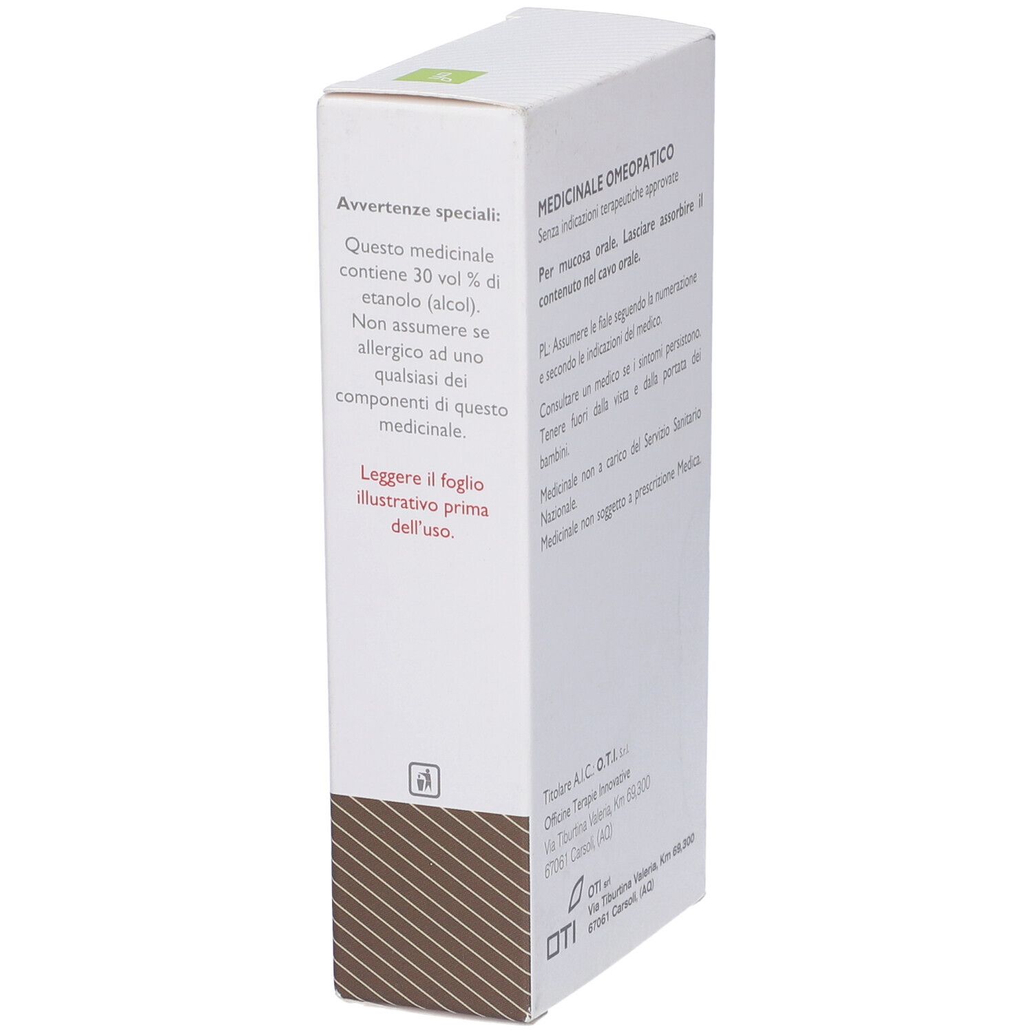 Confezione bianca con testo e logo. Testo: Avvertenze, 30% Vol. alcool. Logo Oti in basso.