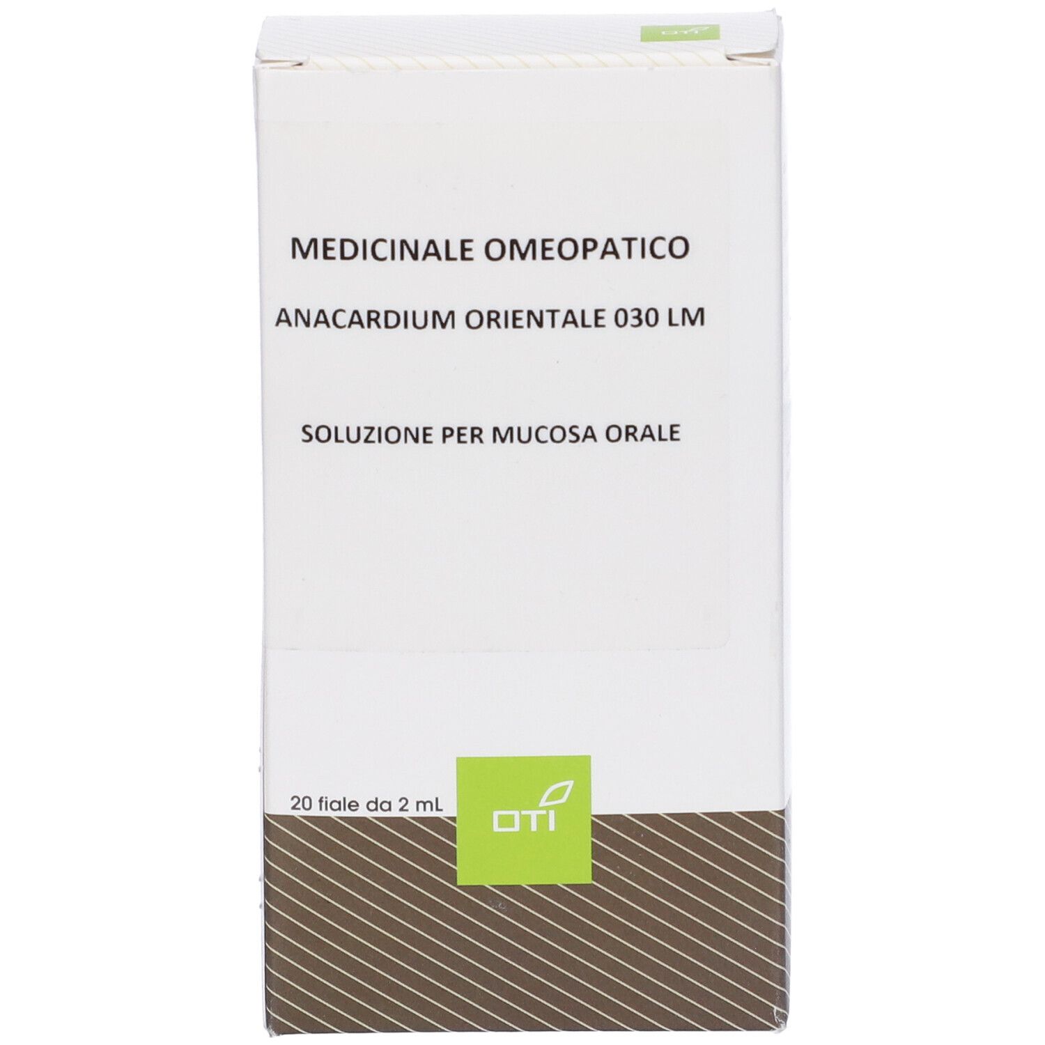 Scatola bianca con testo: Medicinale Omeopatico, Anacardium Orientale 030 LM, Soluzione per mucosa orale. Logo OTI.