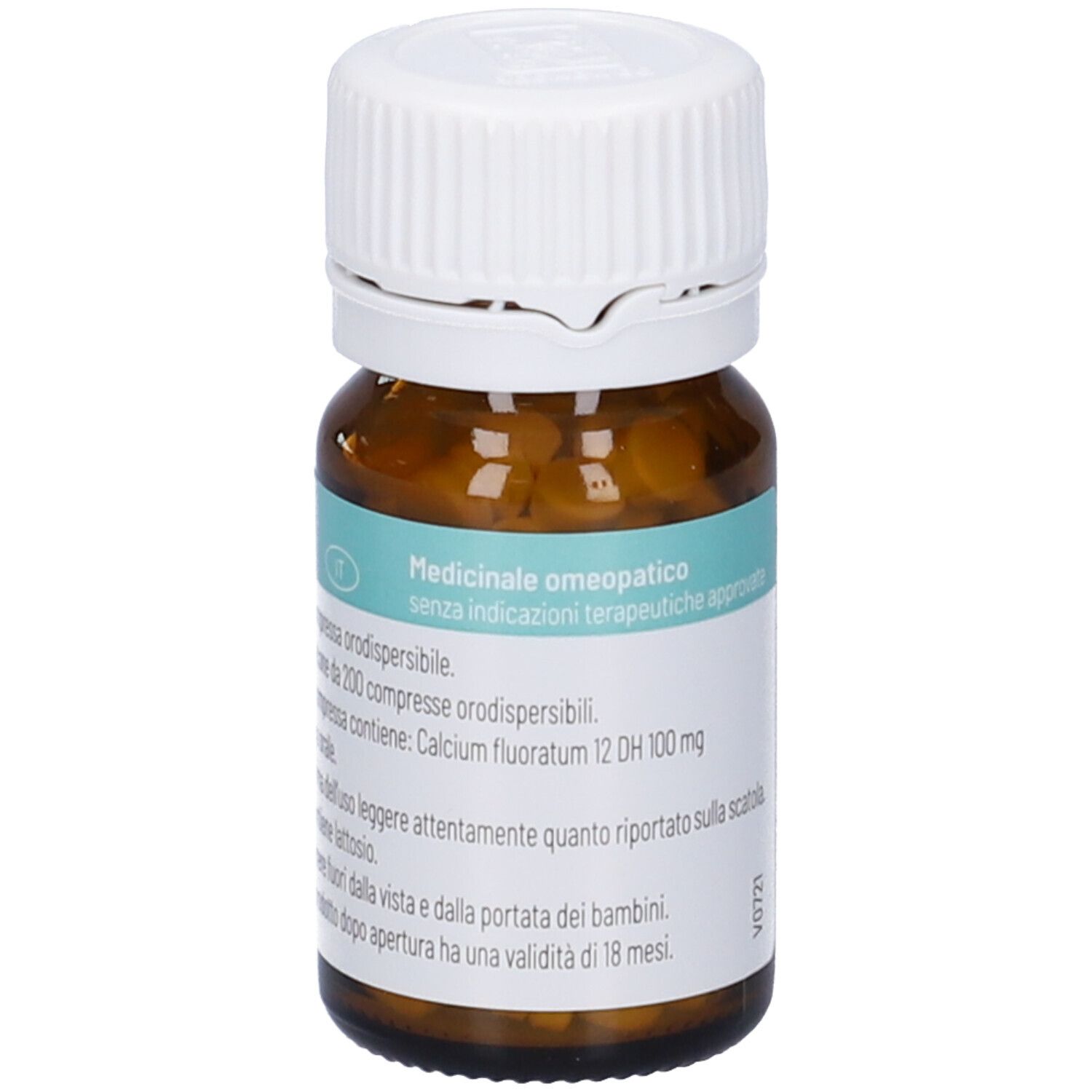 Flacone marrone con tappo bianco. Etichetta con informazioni. Compresse visibili.