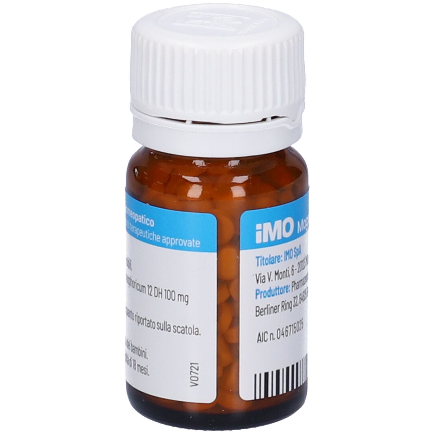 Flacone di vetro marrone con compresse bianche. Etichetta con informazioni sul prodotto. IMO Magnesium phosphoricum 12DH.
