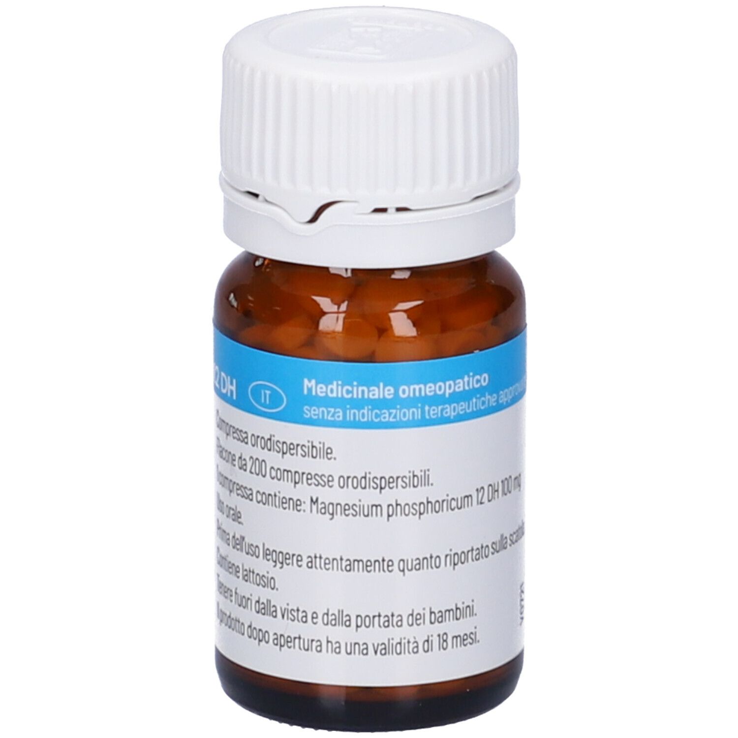 Flacone di vetro marrone con compresse bianche. Etichetta con informazioni sul prodotto. IMO Magnesium phosphoricum 12DH.