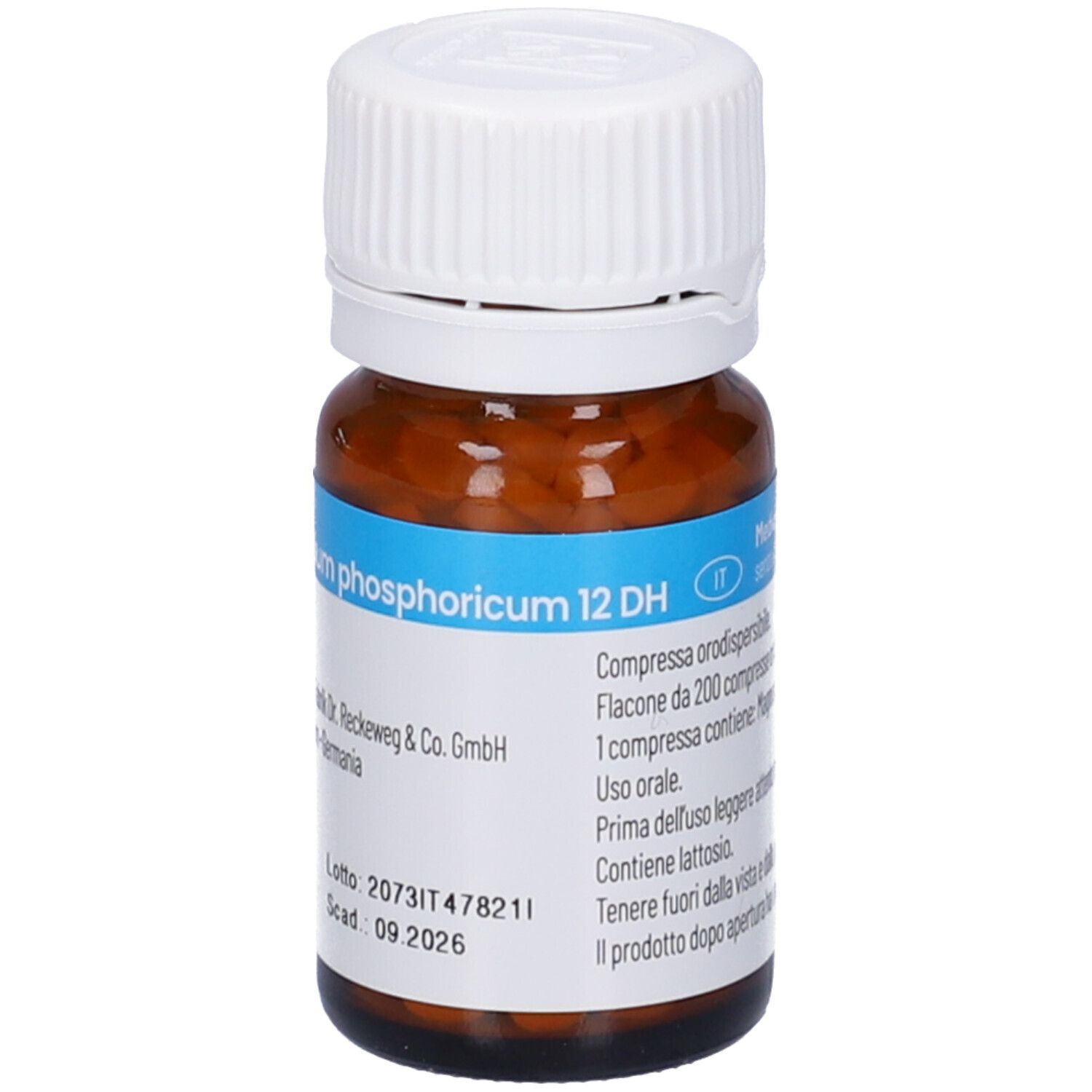 Flacone di vetro marrone con compresse bianche. Etichetta con informazioni sul prodotto. IMO Magnesium phosphoricum 12DH.