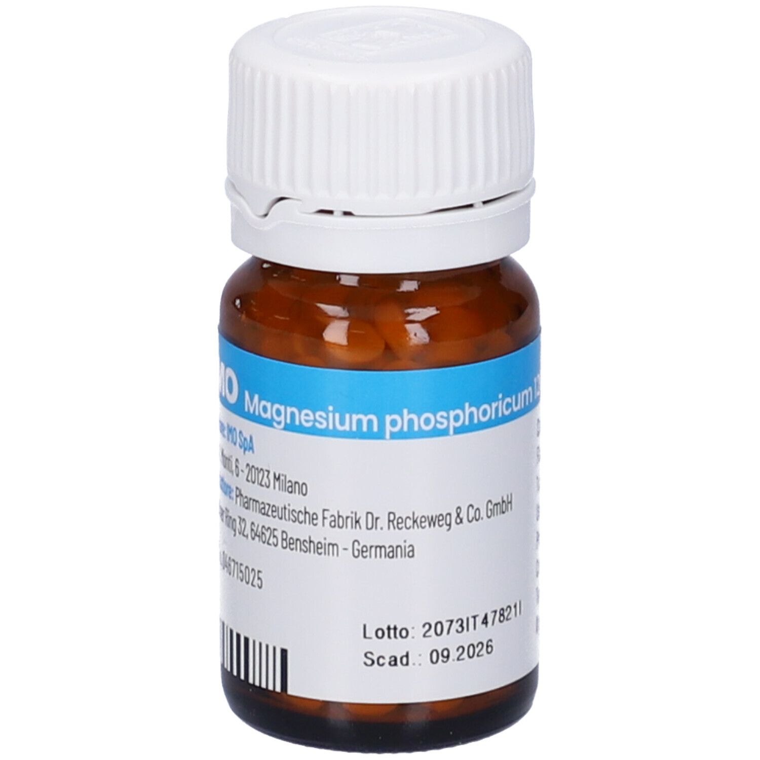 Flacone di vetro marrone con compresse bianche. Etichetta con informazioni sul prodotto. IMO Magnesium phosphoricum 12DH.