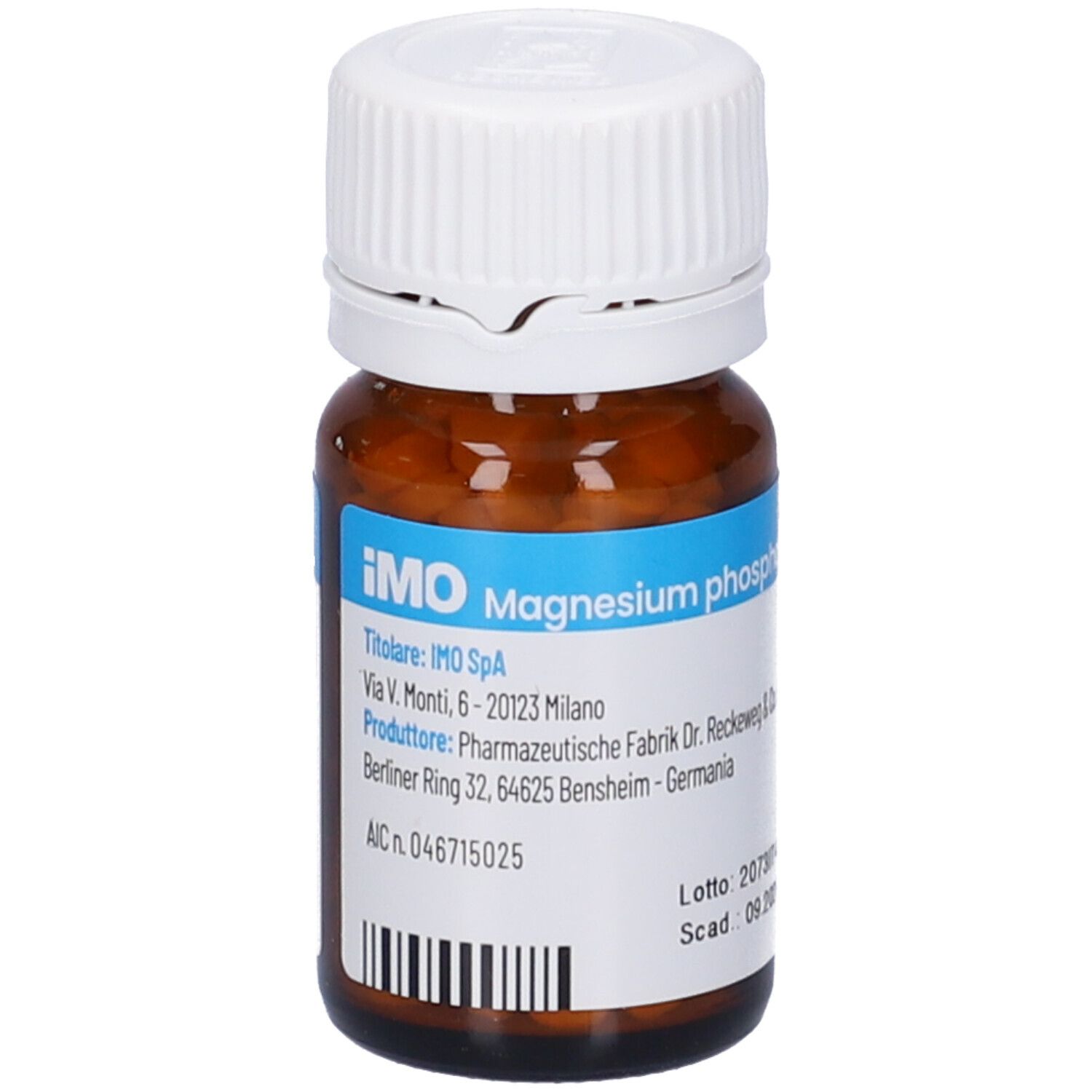Flacone di vetro marrone con compresse bianche. Etichetta con informazioni sul prodotto. IMO Magnesium phosphoricum 12DH.