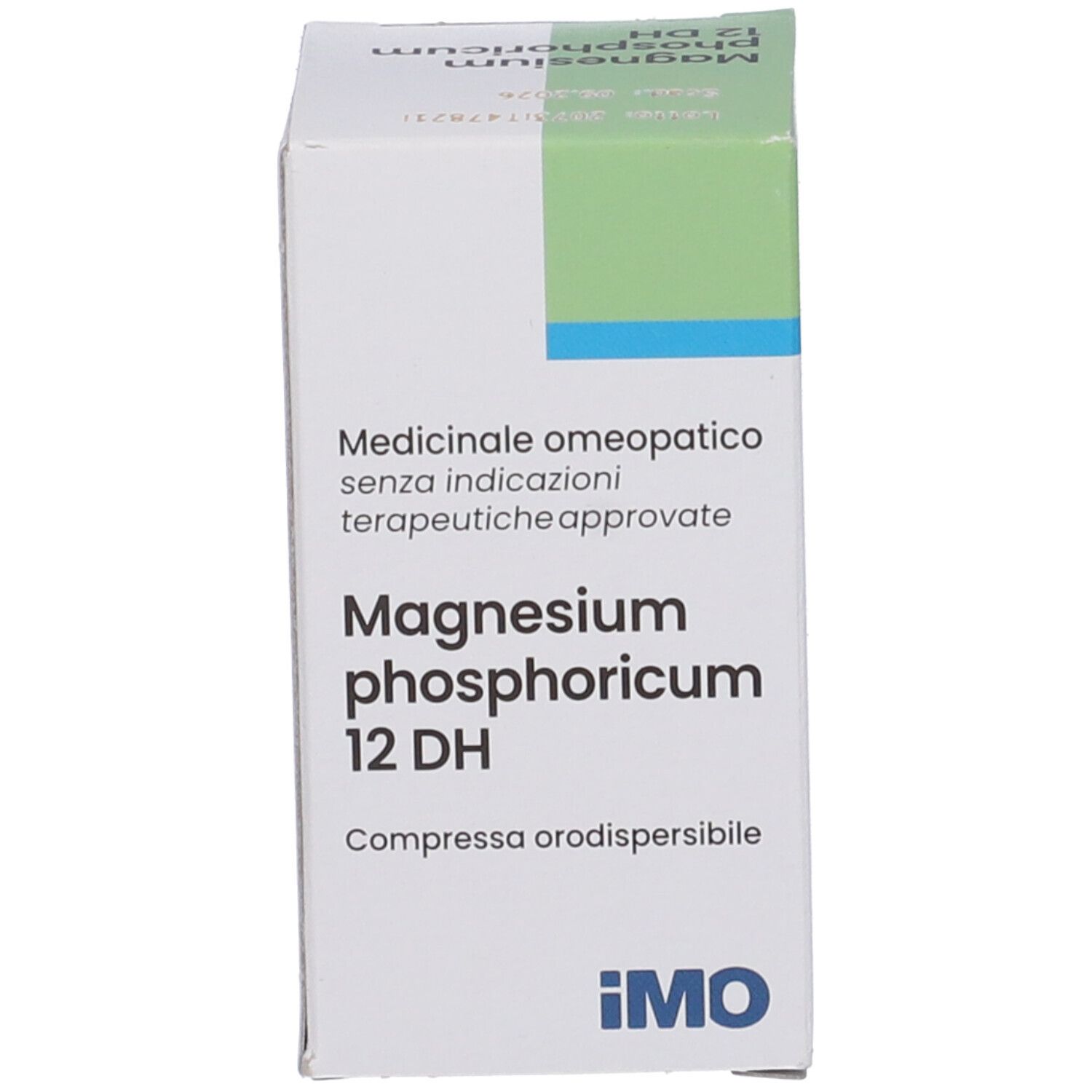 Scatola bianca con accenti verdi. Informazioni sul prodotto. IMO Magnesium phosphoricum 12DH.