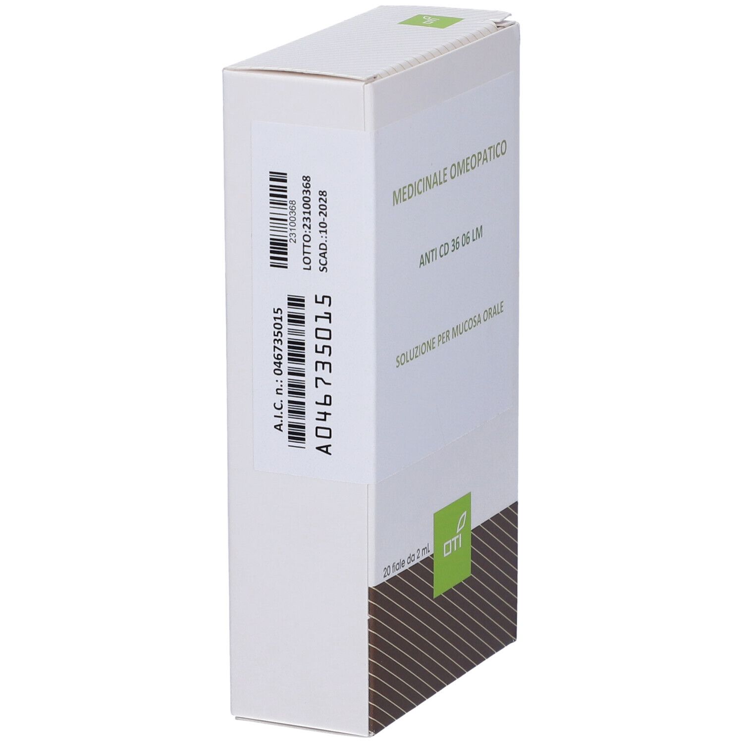 Scatola bianca, vista laterale. Testo: Medicinale Omeopatico, Anti CD 36 06 LM, Soluzione per mucosa orale. Codice a barre e numero di lotto.