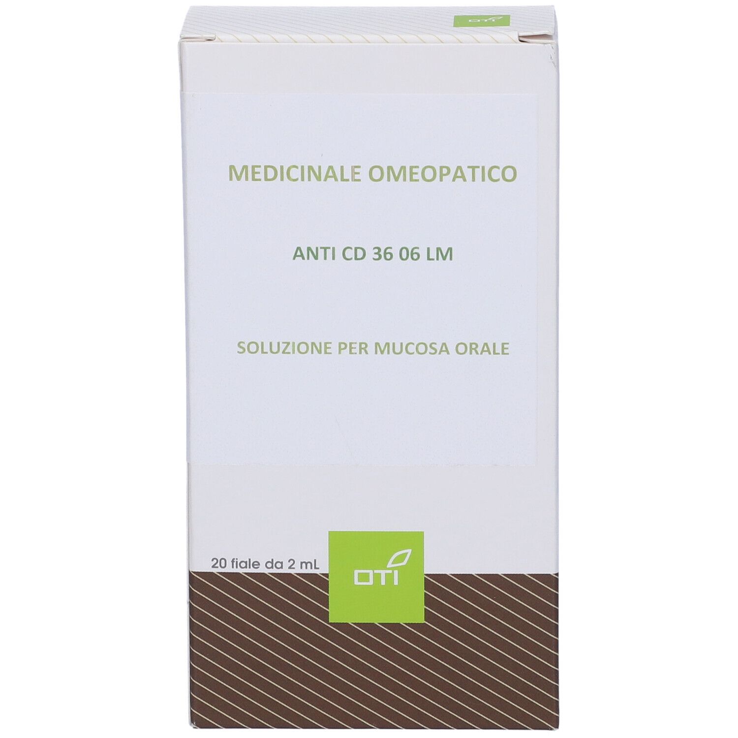 Scatola bianca con informazioni sul prodotto. Testo: Medicinale Omeopatico, Anti CD 36 06 LM, Soluzione per mucosa orale. 20 fiale da 2 ml.