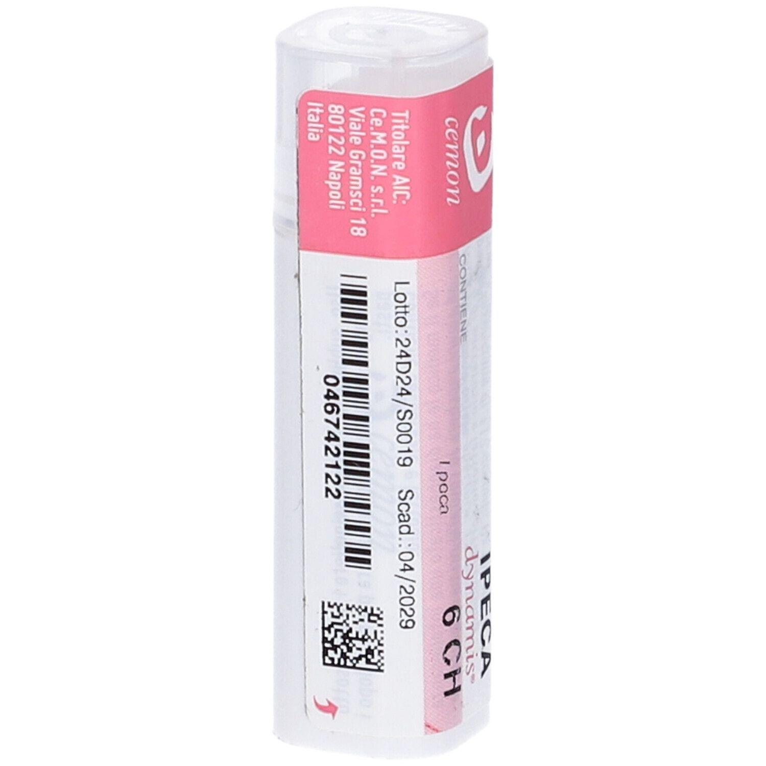 Flacone cilindrico bianco con etichetta rosa. Scritta: IPECA DYNAMIS 6 CH. Contiene 140 granuli. Marchio Cemon. Con numero di lotto e scadenza.