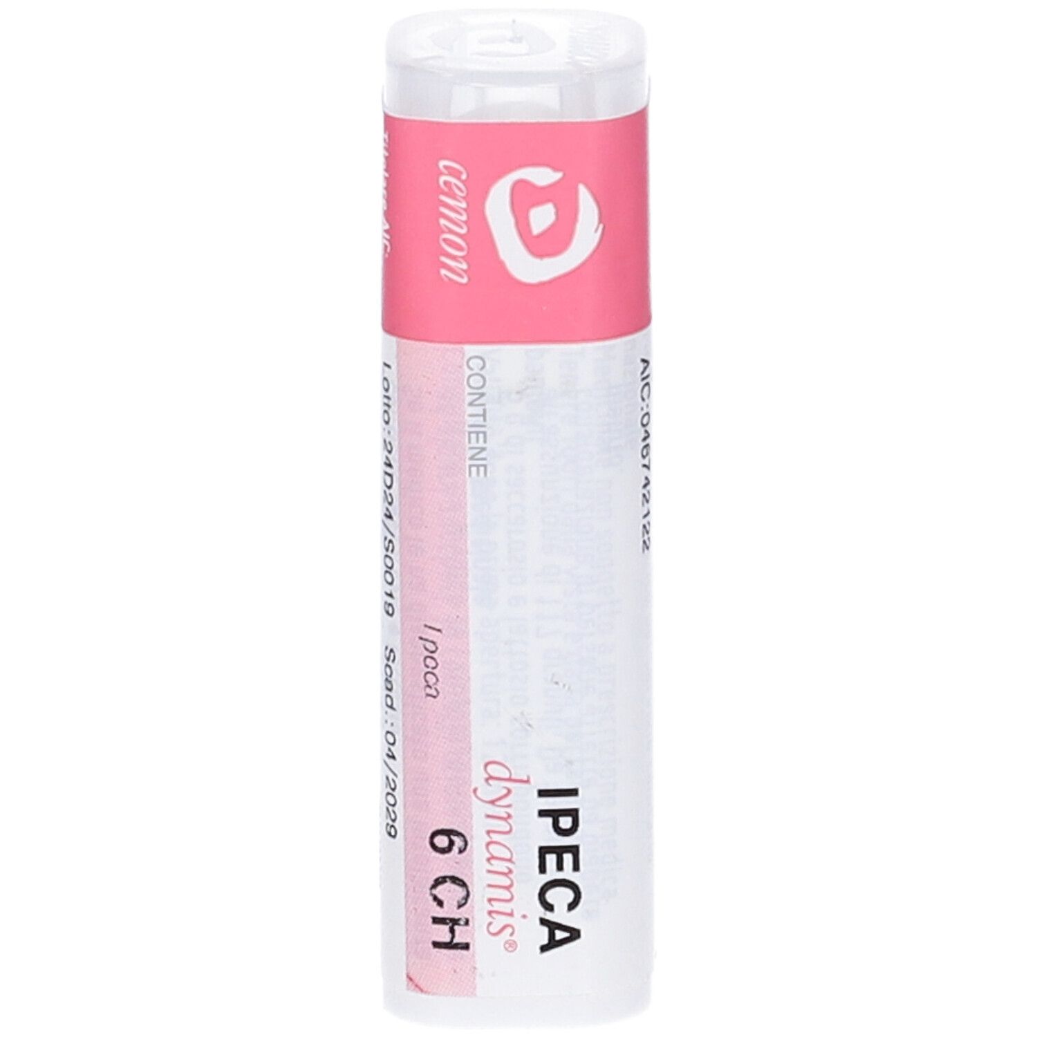 Flacone cilindrico bianco con etichetta rosa. Scritta: IPECA DYNAMIS 6 CH. Contiene 140 granuli. Marchio Cemon.