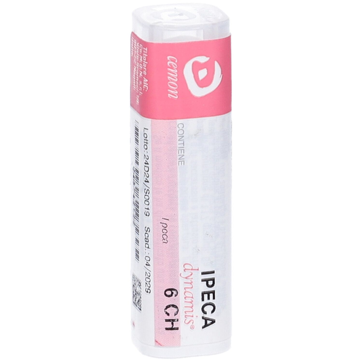Flacone cilindrico bianco con etichetta rosa. Scritta: IPECA DYNAMIS 6 CH. Contiene 140 granuli. Marchio Cemon. Numero di lotto e scadenza.
