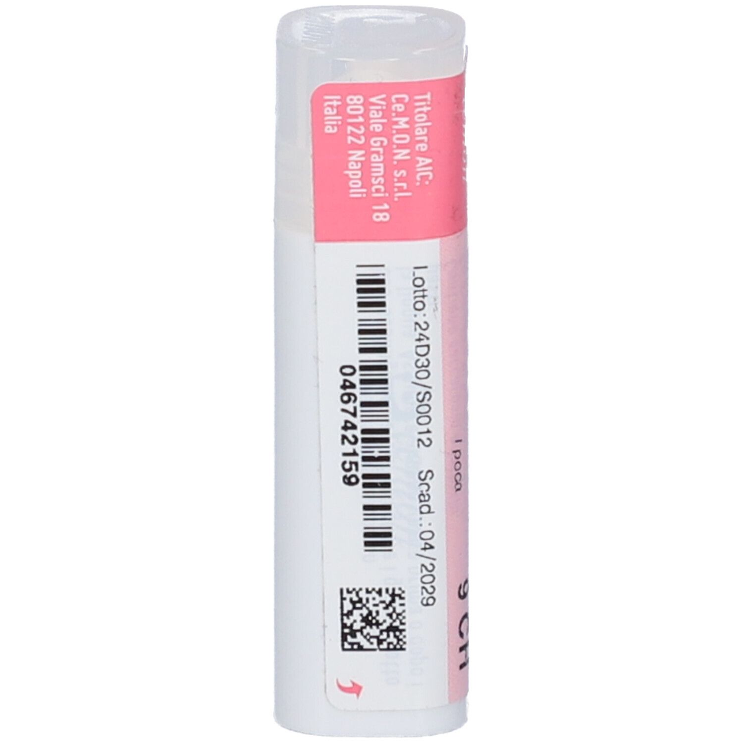 Flacone cilindrico con etichetta rosa. Codice a barre e QR code. Indirizzo del produttore: Cemon.