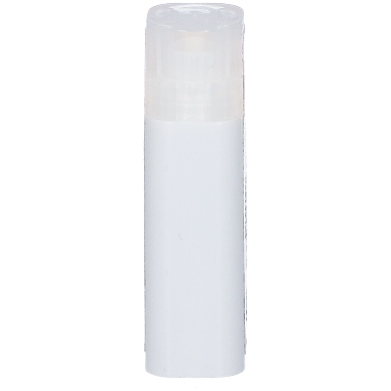 Flacone cilindrico bianco con coperchio trasparente. Nessuna scritta visibile.