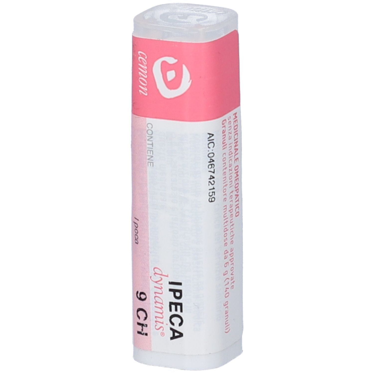 Flacone cilindrico con etichetta rosa. Scritta: IPECA dynamis 9 CH. Contiene globuli. Produttore: Cemon.