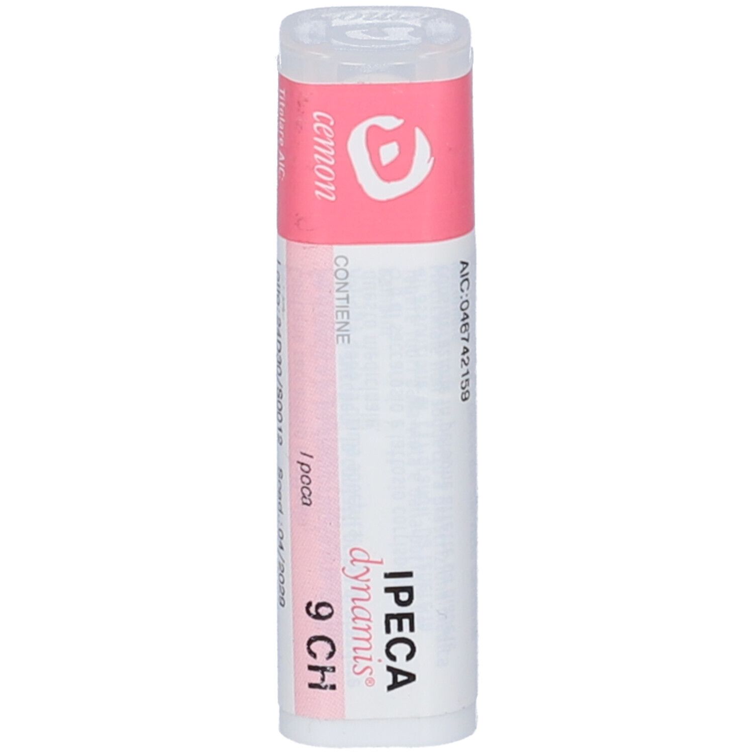 Flacone cilindrico con etichetta rosa. Scritta: IPECA dynamis 9 CH. Contiene globuli. Produttore: Cemon.