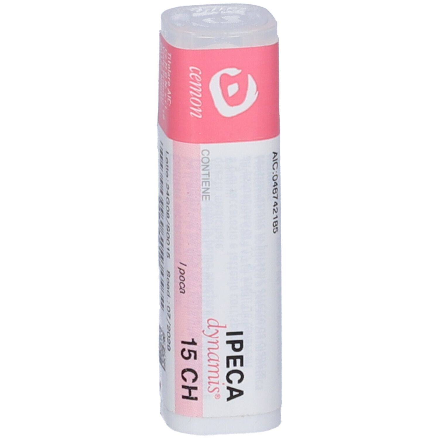 Confezione cilindrica con etichetta rosa e bianca. Scritto: Ipeca Dynamis 15 CH. Contiene 140 granuli.