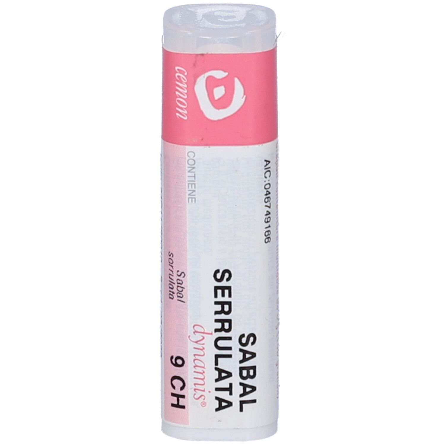 Confezione cilindrica con etichetta rosa. Scritta: Sabal Serrulata, 9 CH, dynamis. Contiene 046749166.