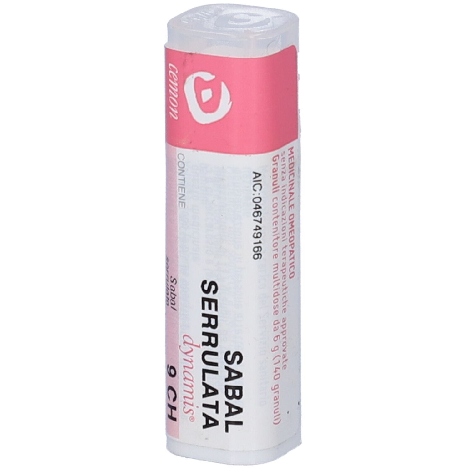 Confezione cilindrica con etichetta rosa. Scritta: Sabal Serrulata, 9 CH, dynamis. Contiene 046749166.