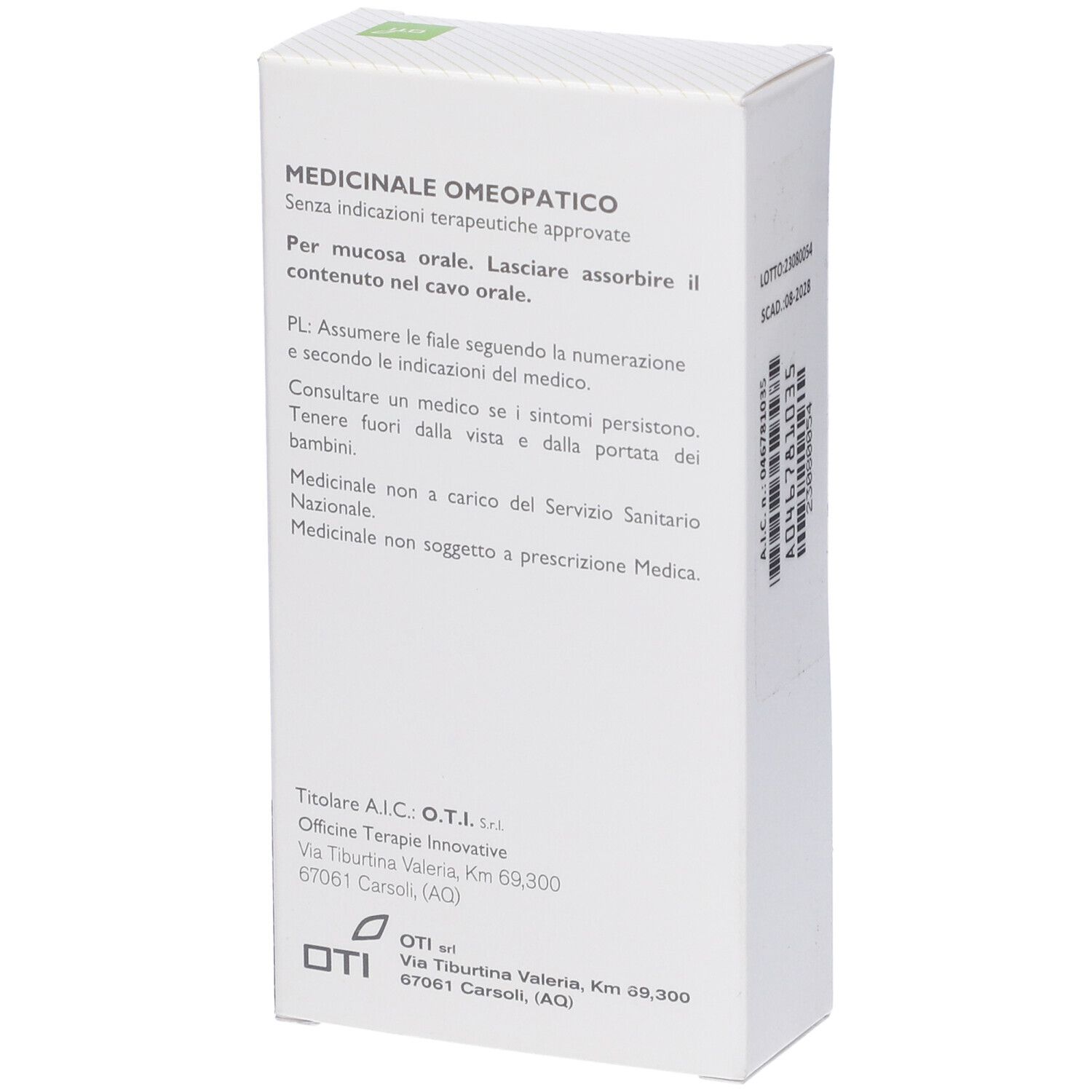 Scatola bianca, retro. Testo: Medicinale Omeopatico. Informazioni sull'uso e indirizzo del produttore. Logo OTI.
