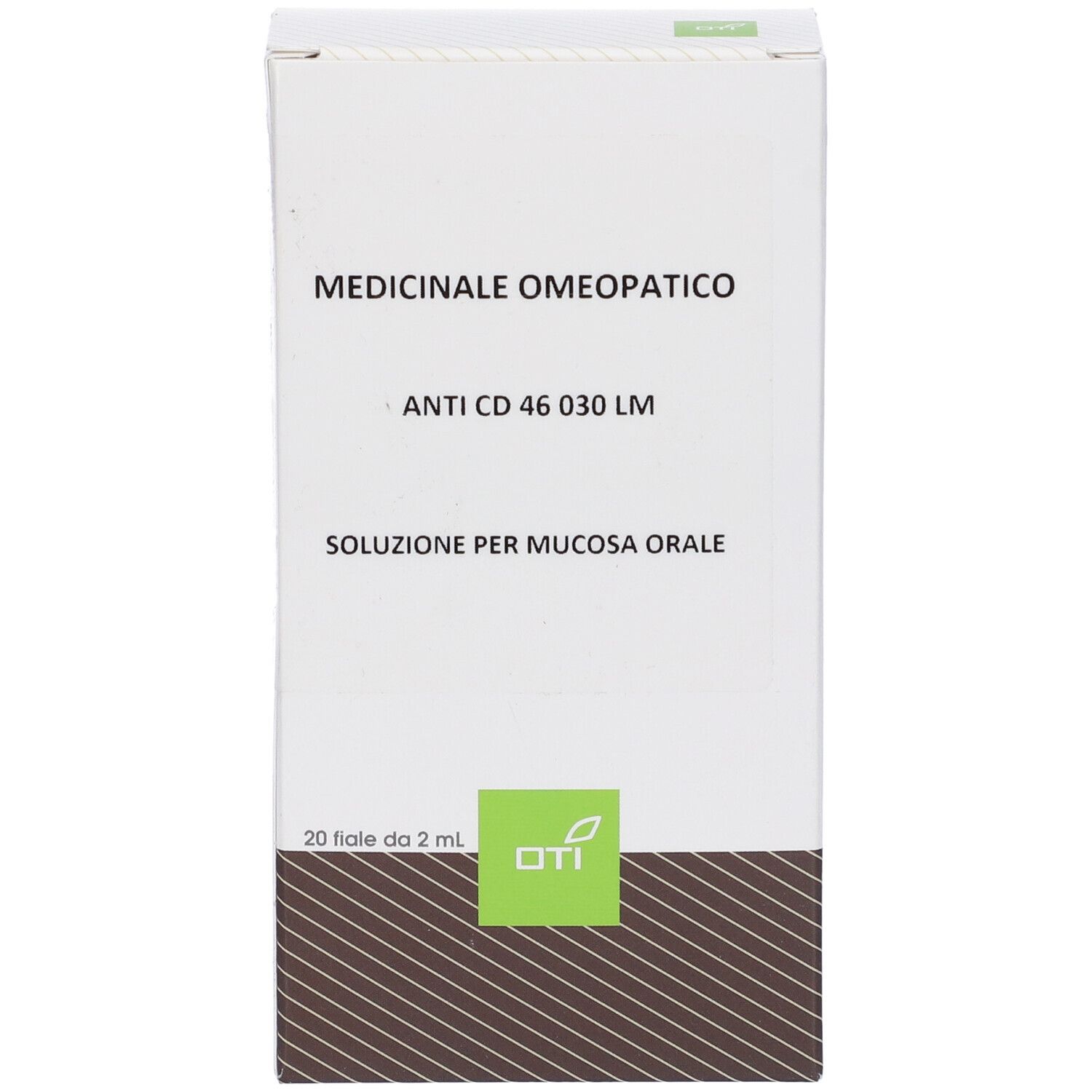 Scatola bianca con informazioni sul prodotto. Testo: Medicinale Omeopatico, Anti CD 46 030 LM, Soluzione per mucosa orale. 20 Fiale.