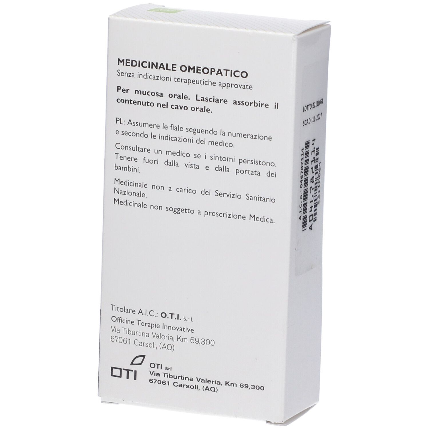 Retro della confezione. Medicinale omeopatico. Istruzioni per l'uso. Informazioni del produttore. Logo OTI.