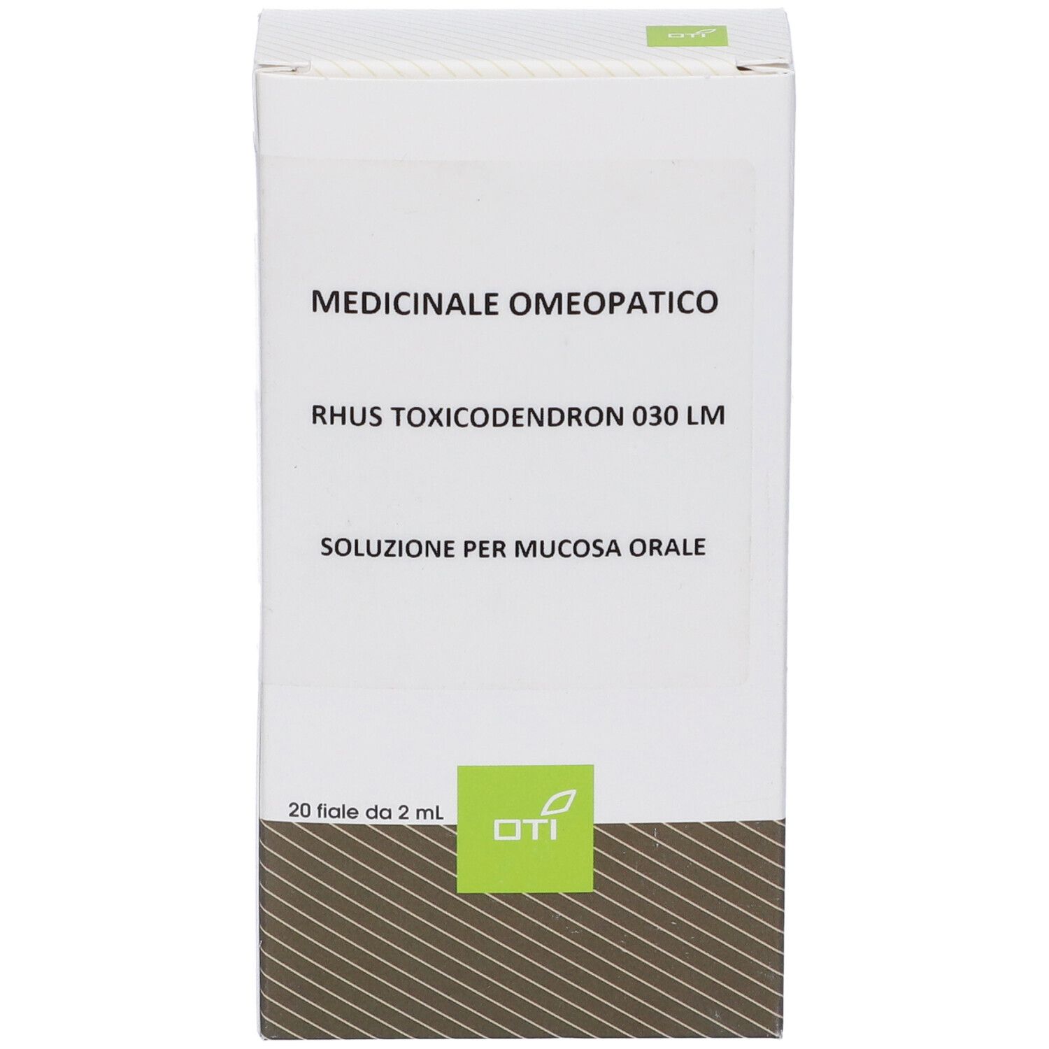 Medicinale omeopatico. Rhus Toxicodendron 030 LM. Soluzione per mucosa orale. 20 fiale. Logo OTI.