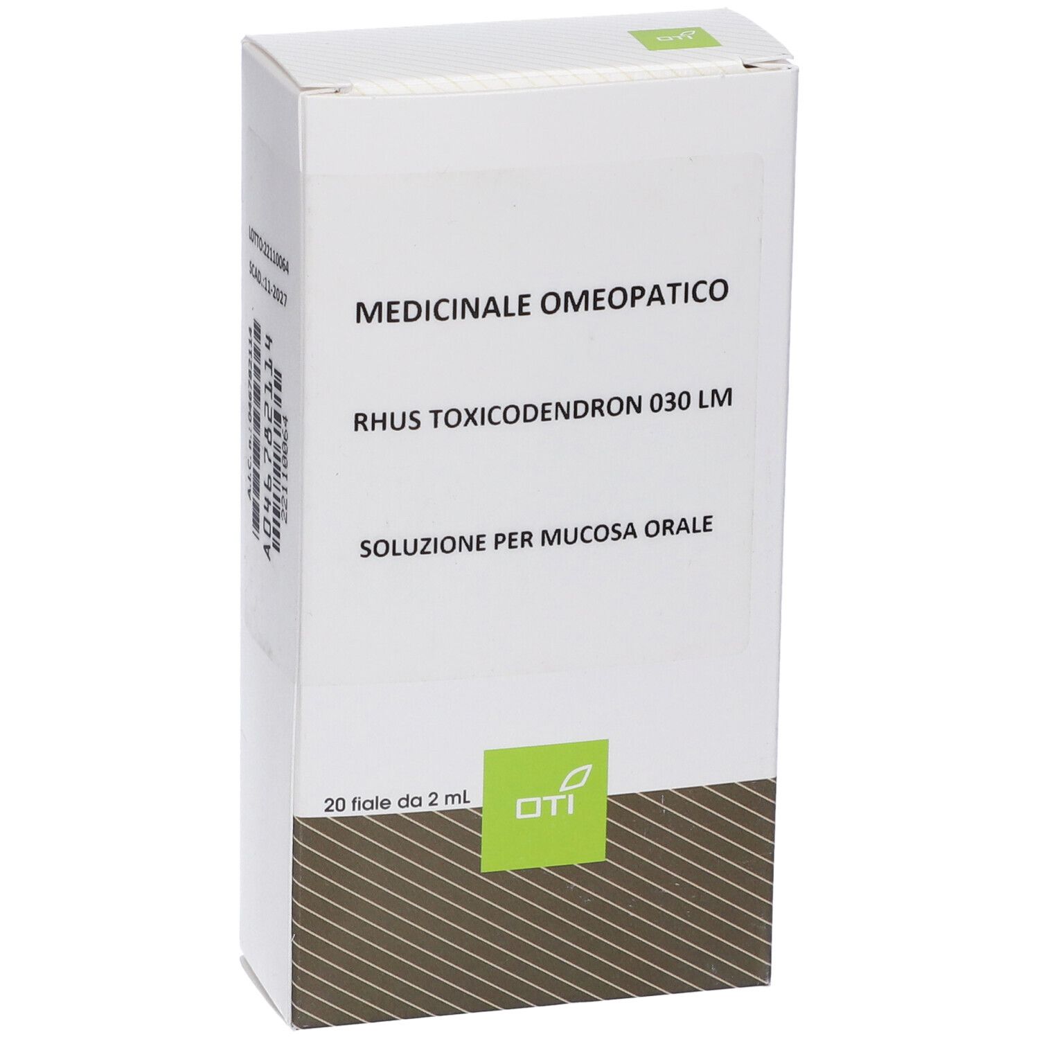 Medicinale omeopatico. Rhus Toxicodendron 030 LM. Soluzione per mucosa orale. 20 fiale. Logo OTI.