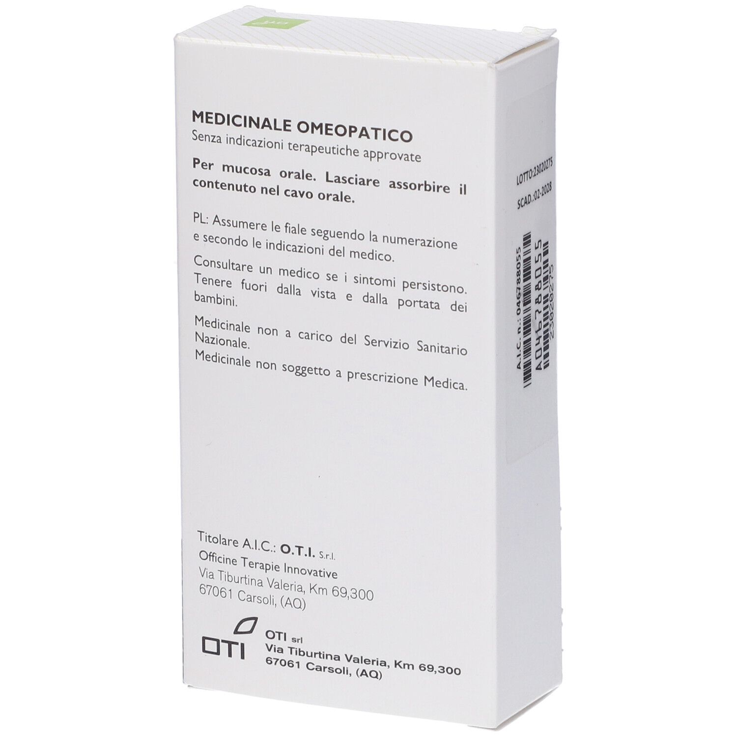 Scatola bianca, retro. Testo: Medicinale Omeopatico, senza indicazioni terapeutiche. Informazioni produttore e logo OTI.