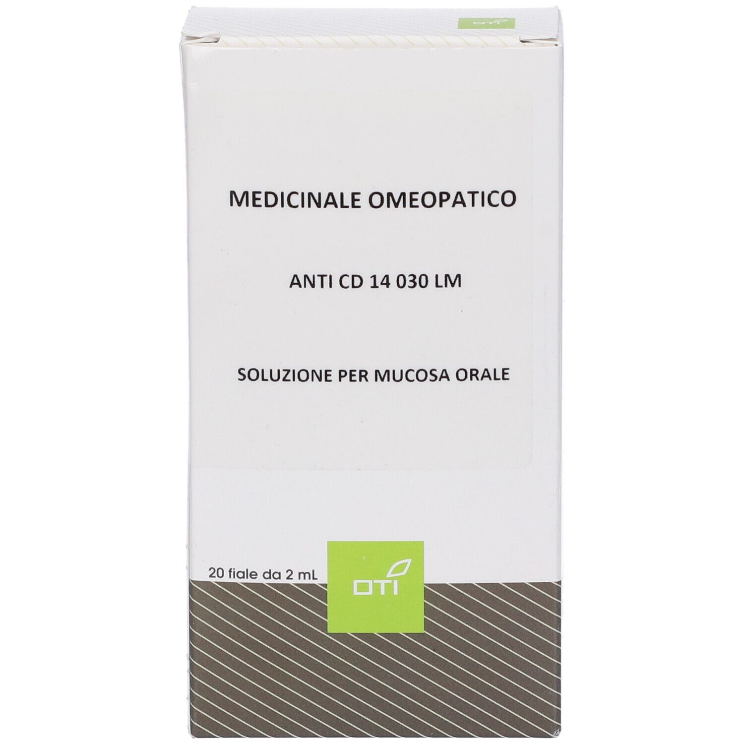 Scatola bianca con informazioni sul prodotto. Testo: Medicinale Omeopatico, Anti CD 14 030 LM, Soluzione per mucosa orale. 20 Fiale da 2 ml.