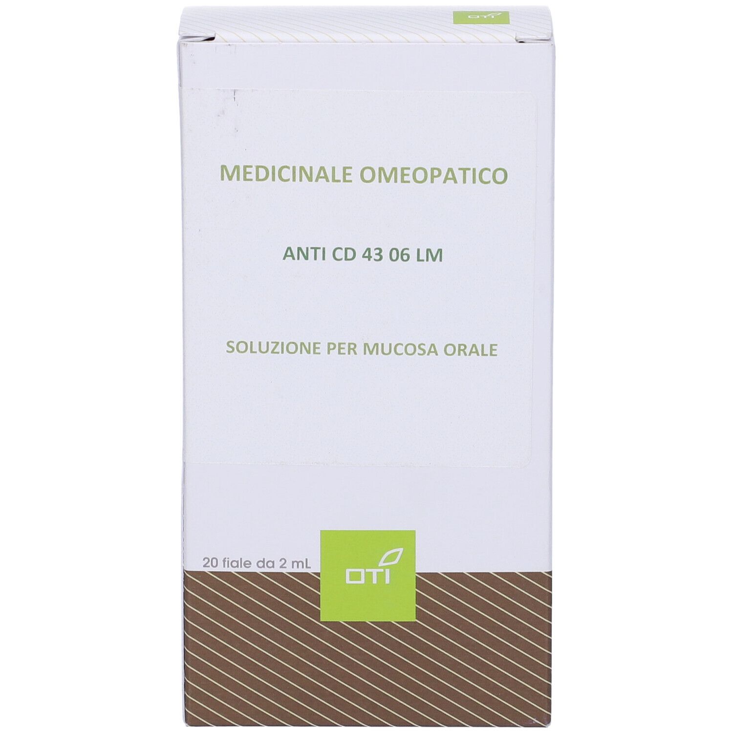 Scatola bianca con scritte verdi. Contiene 'Anti CD 43 06 LM'. Soluzione per mucosa orale. Logo OTI.