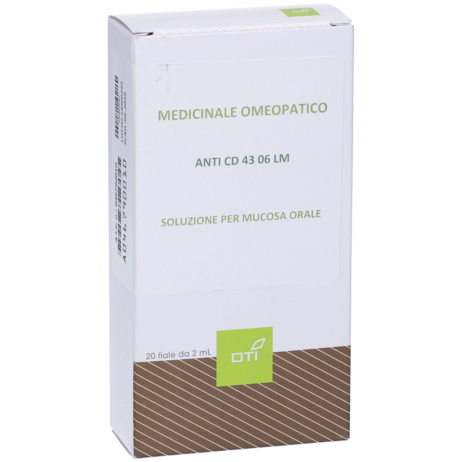Scatola bianca con scritte verdi. Contiene 'Anti CD 43 06 LM'. Soluzione per mucosa orale. Logo OTI.