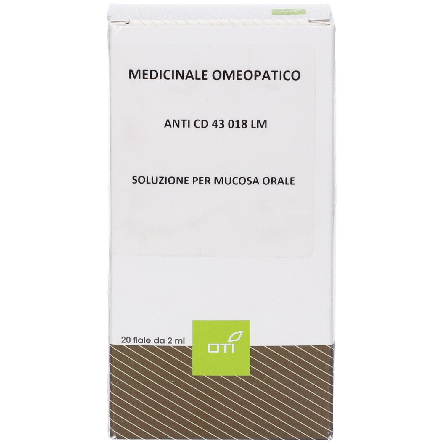 Scatola bianca con testo: MEDICINALE OMEOPATICO, ANTI CD 43 018 LM, SOLUZIONE PER MUCOSA ORALE. Logo OTI.