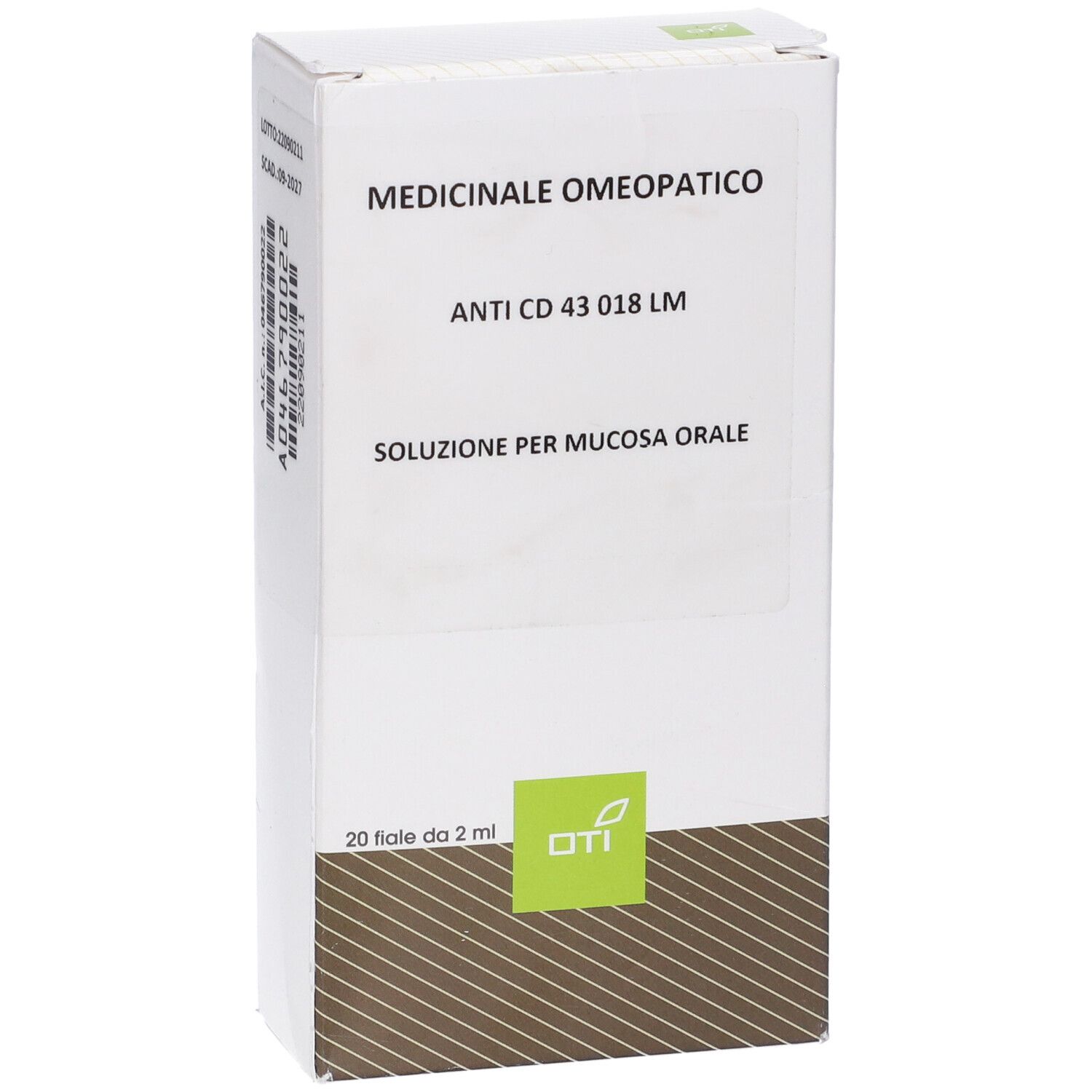 Scatola bianca con testo: MEDICINALE OMEOPATICO, ANTI CD 43 018 LM, SOLUZIONE PER MUCOSA ORALE. Logo OTI.