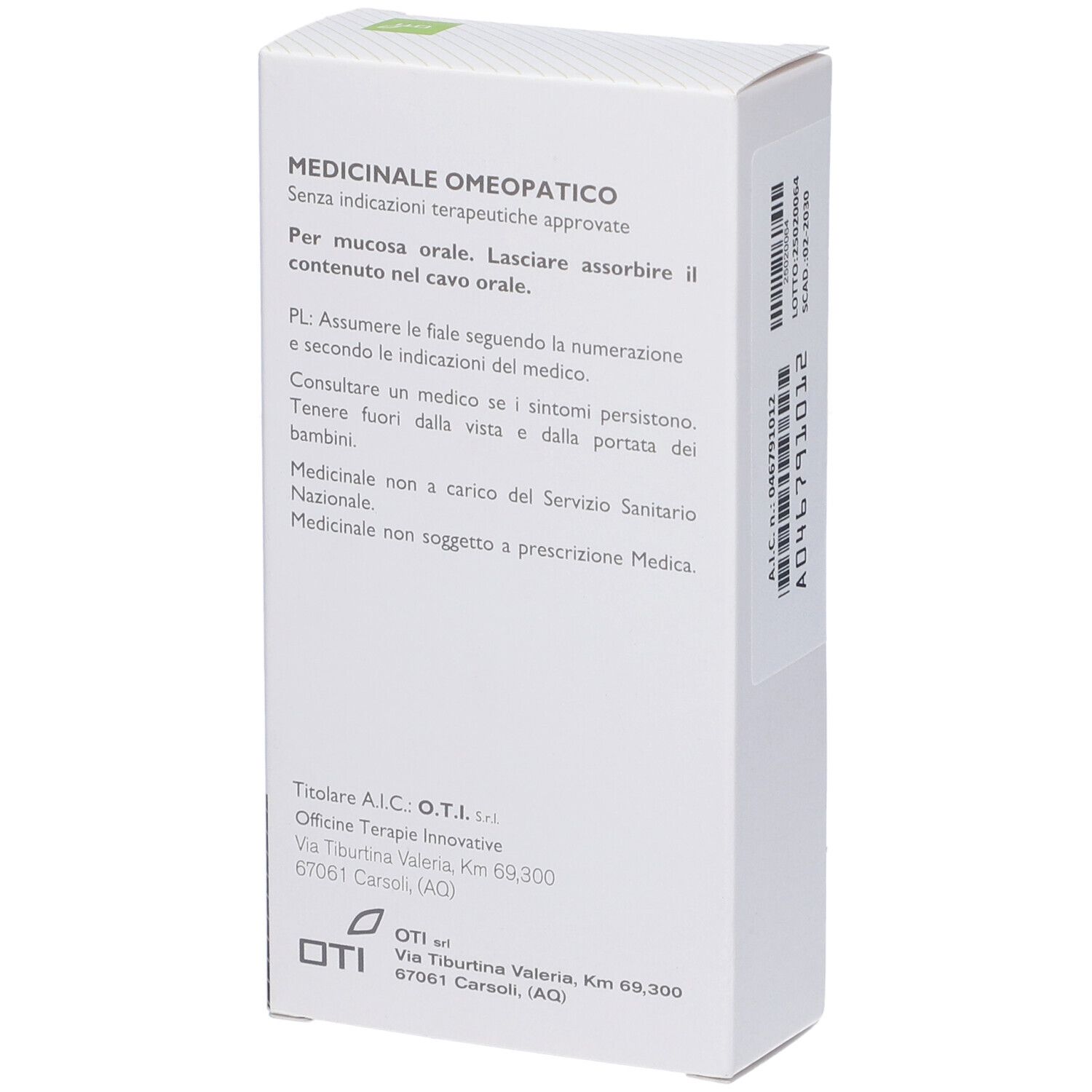 Scatola bianca. Testo: Medicinale Omeopatico. Informazioni per l'uso. Logo OTI. Indirizzo del produttore.