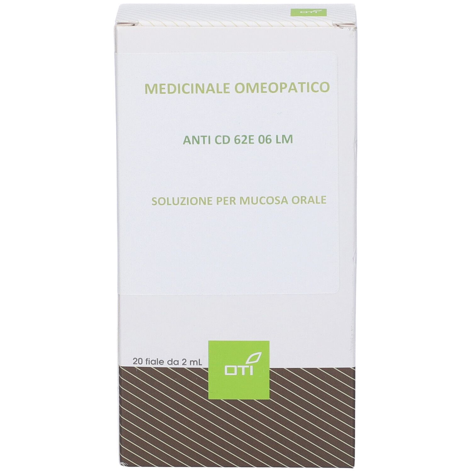 Scatola bianca. Testo: Medicinale Omeopatico, ANTI CD 62E 06 LM, Soluzione per mucosa orale. 20 fiale da 2 ml. Logo OTI.