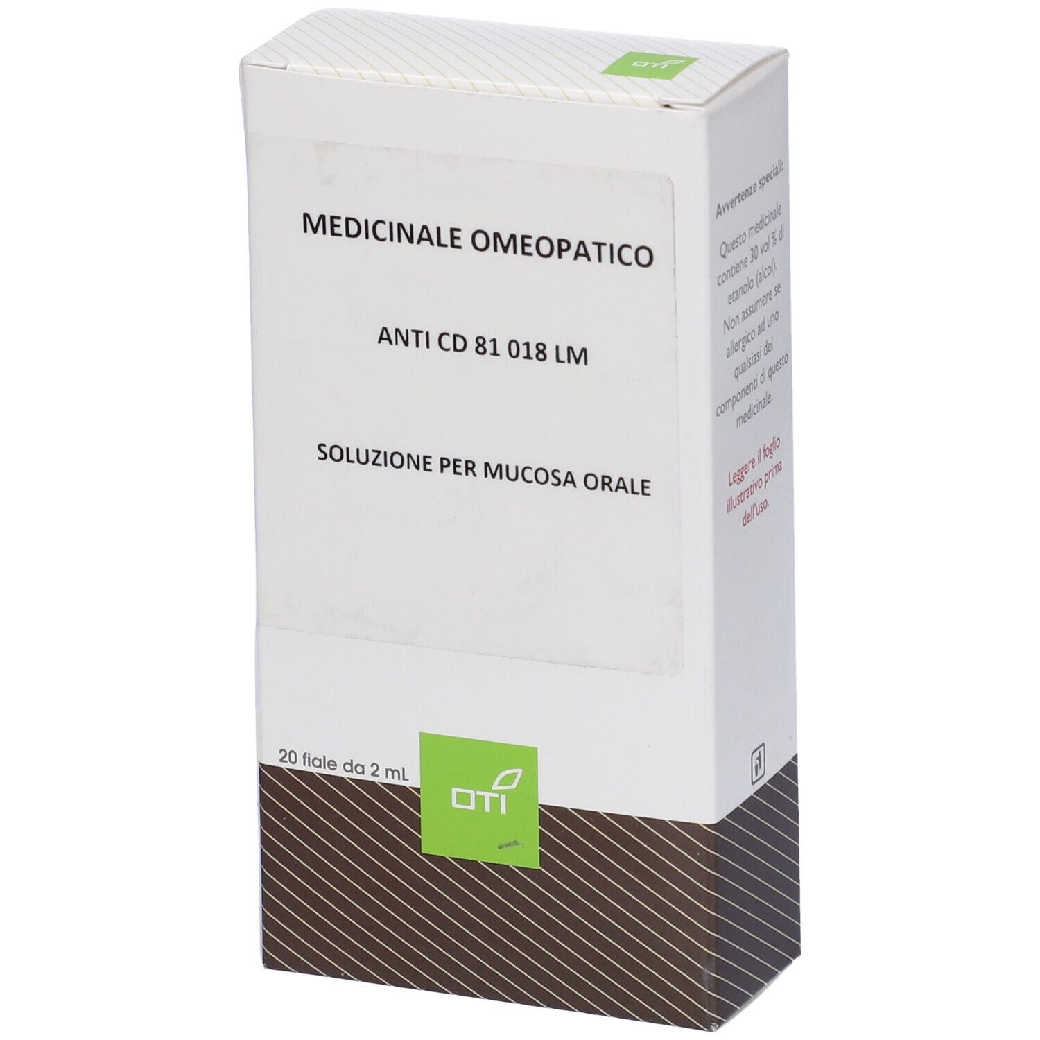 Scatola bianca con informazioni sul prodotto. Testo: Medicinale Omeopatico, Anti CD 81 018 LM, Soluzione per mucosa orale. 20 Fiale da 2 ml.