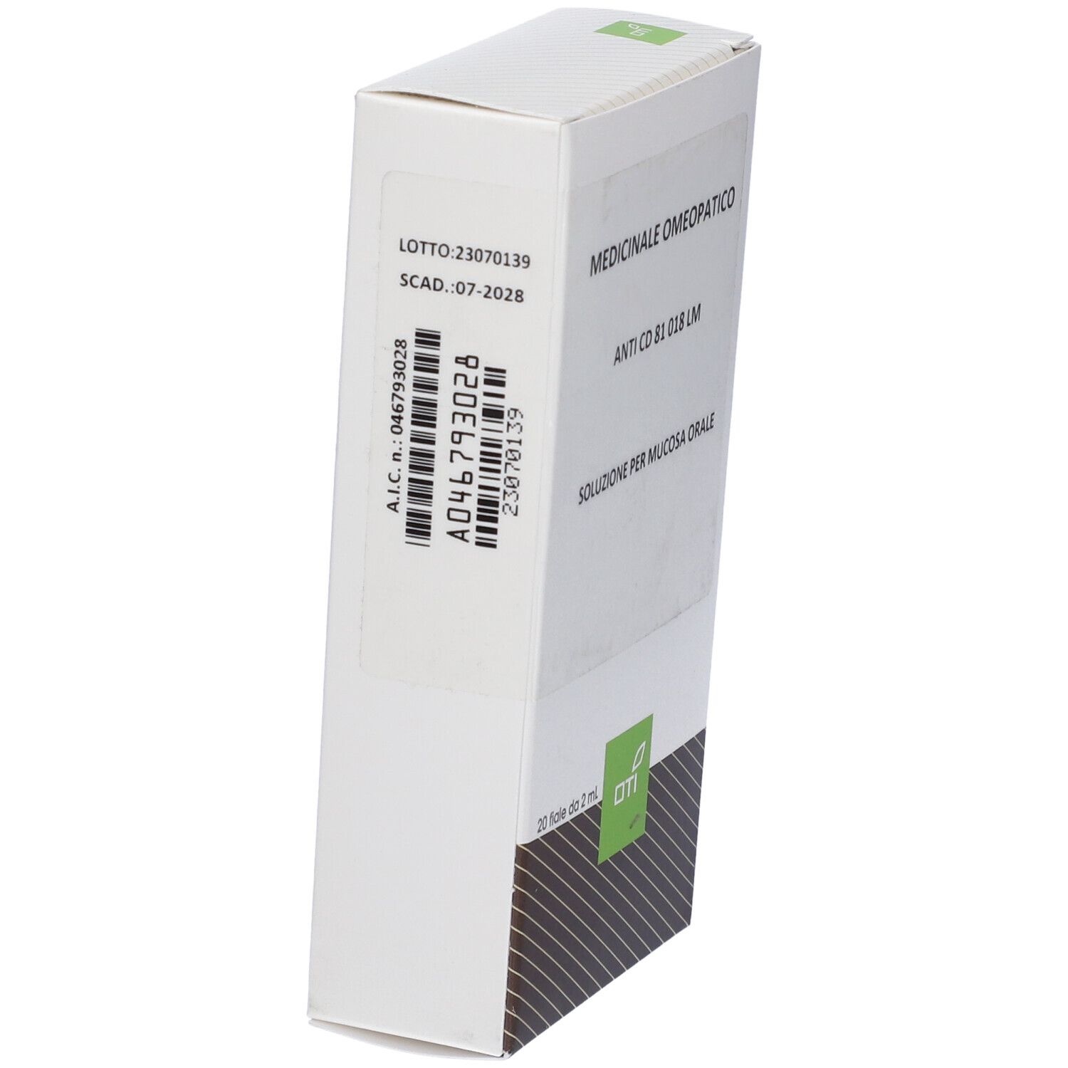 Vista laterale della scatola bianca. Testo: LOTTO: 23070139, SCAD.: 07-2028, A.I.C. n.: 046793028, Codice a barre. Logo OTI.