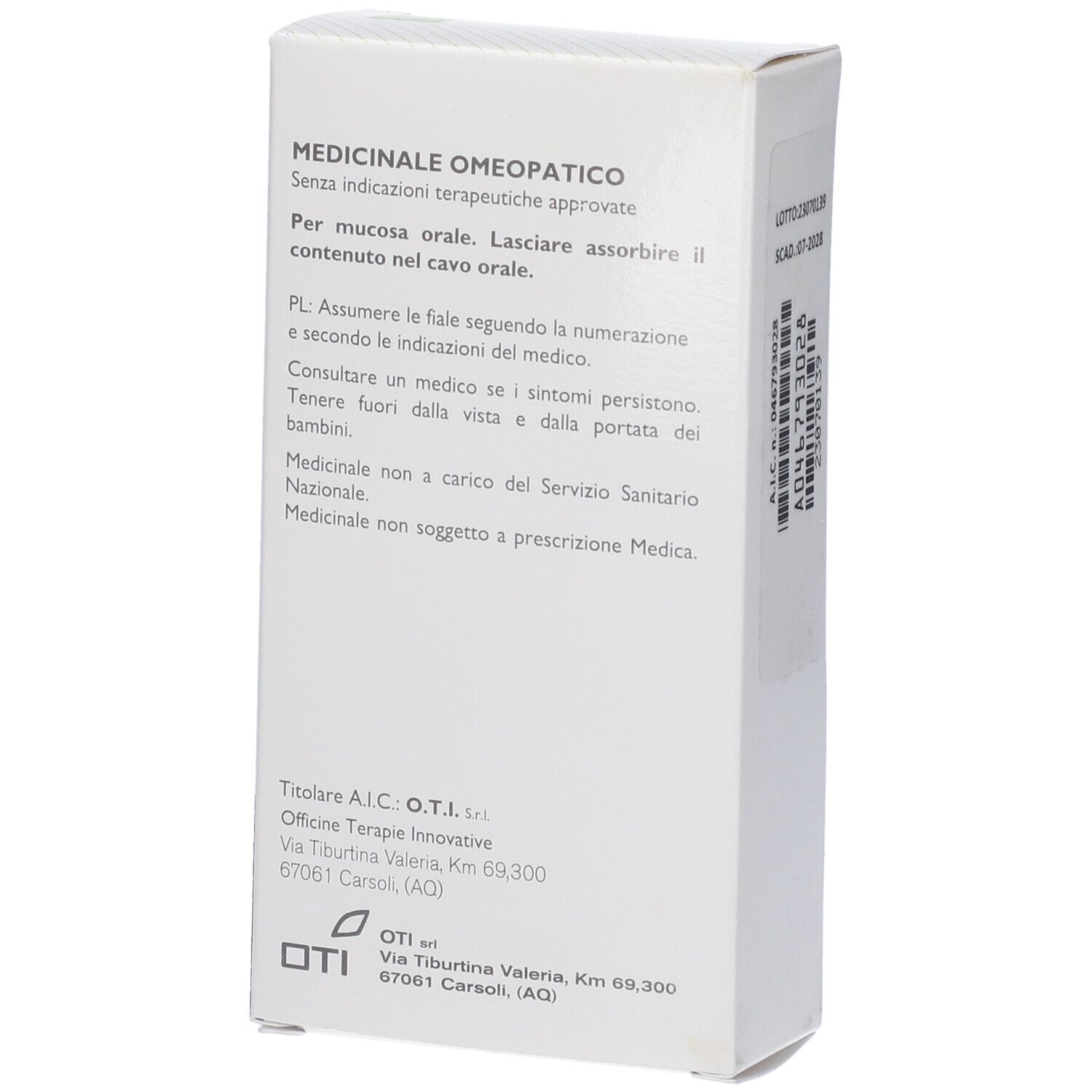 Retro della scatola bianca. Testo: Medicinale Omeopatico, Istruzioni per l'uso, Logo OTI, Indirizzo.