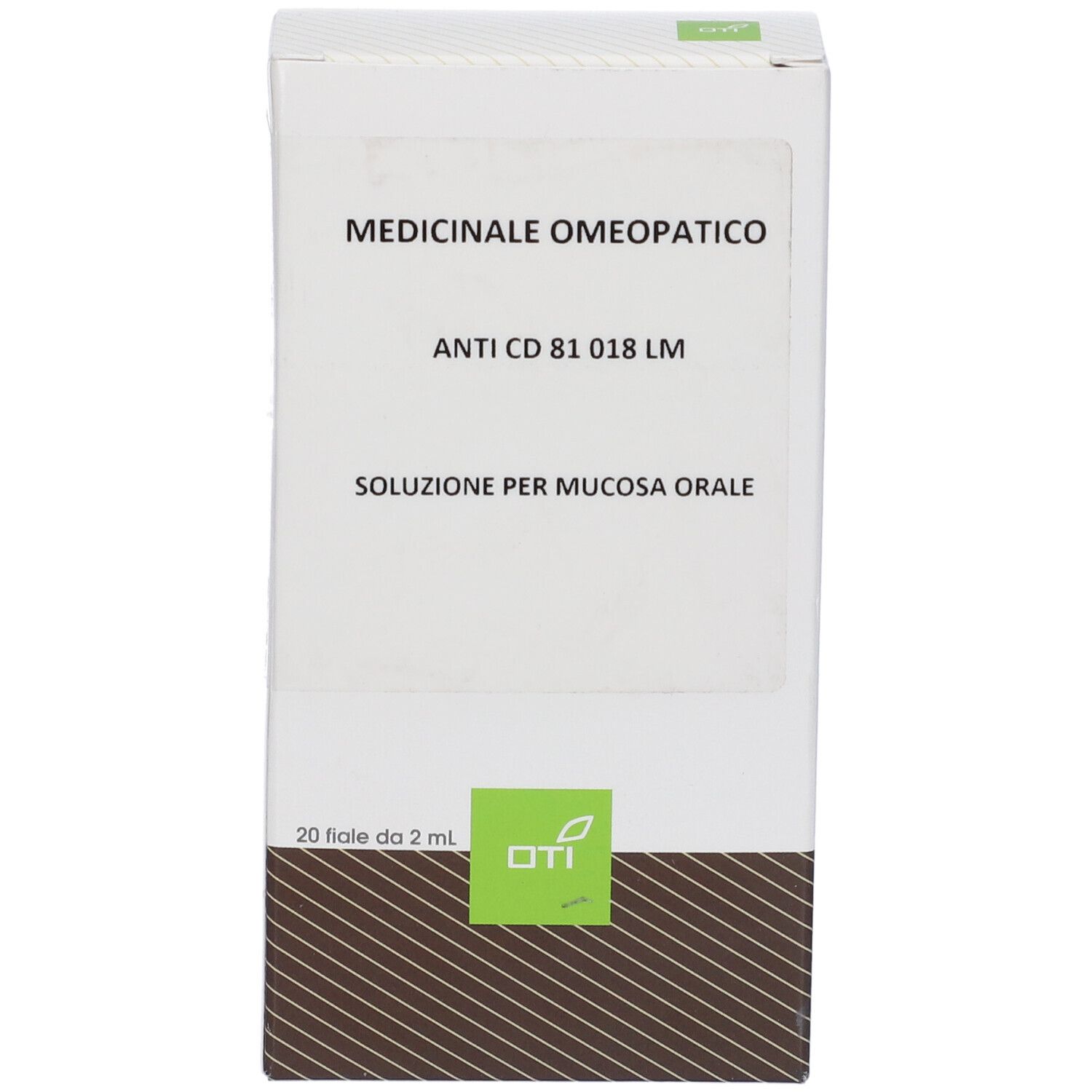 Scatola bianca con informazioni sul prodotto. Testo: Medicinale Omeopatico, Anti CD 81 018 LM, Soluzione per mucosa orale. 20 Fiale da 2 ml.