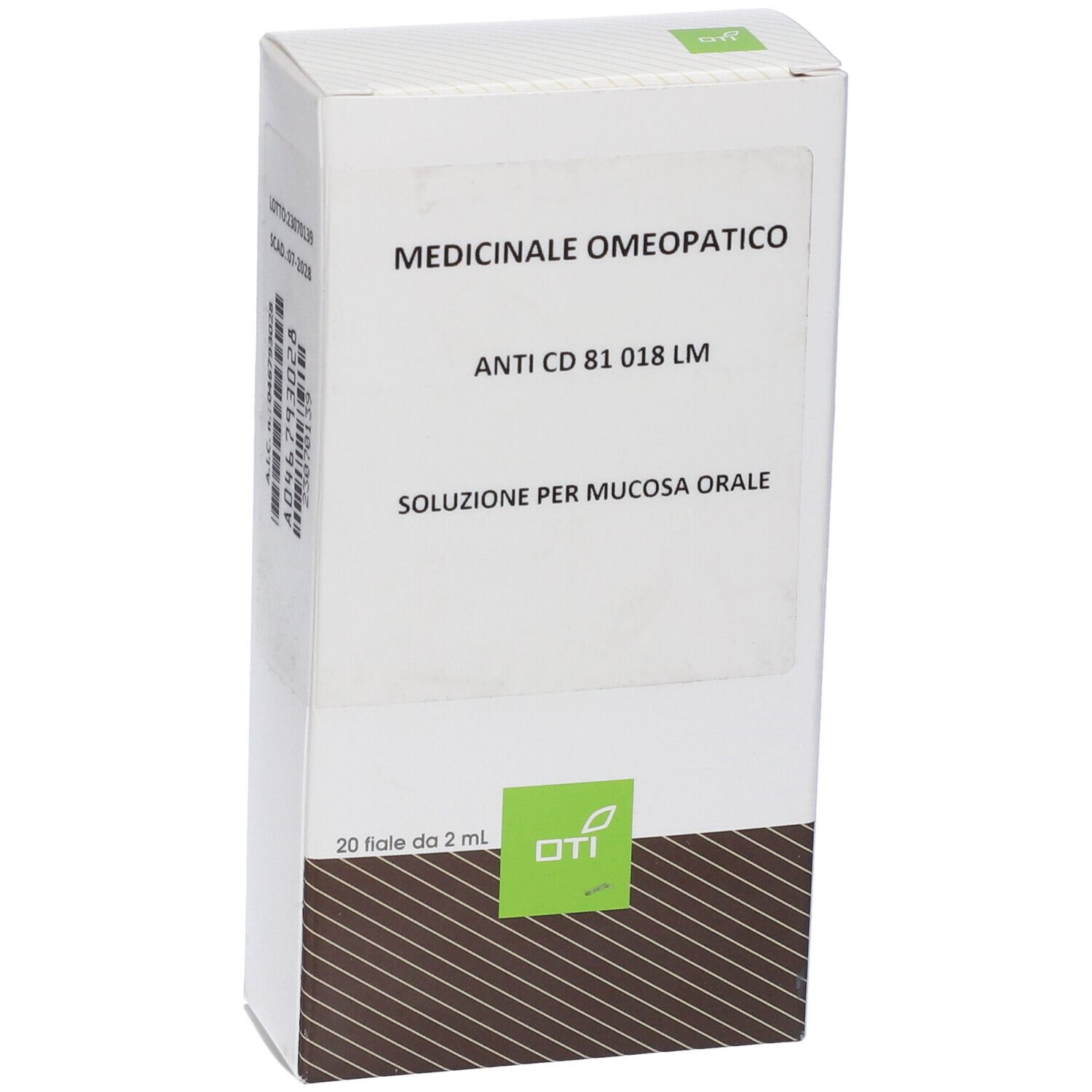 Scatola bianca con informazioni sul prodotto. Testo: Medicinale Omeopatico, Anti CD 81 018 LM, Soluzione per mucosa orale. 20 Fiale da 2 ml.
