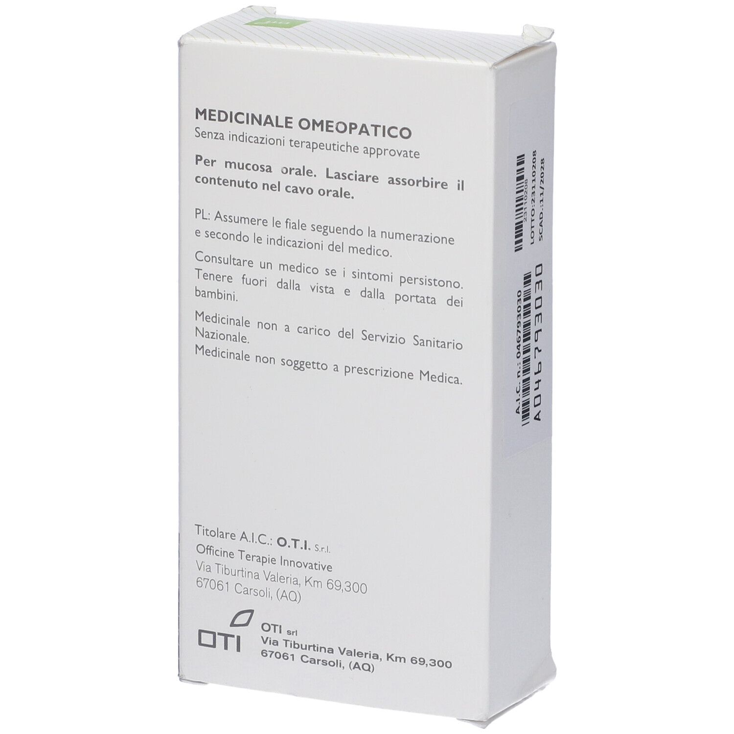 Retro della confezione con testo. 'Medicinale Omeopatico'. Indirizzo del produttore e informazioni.