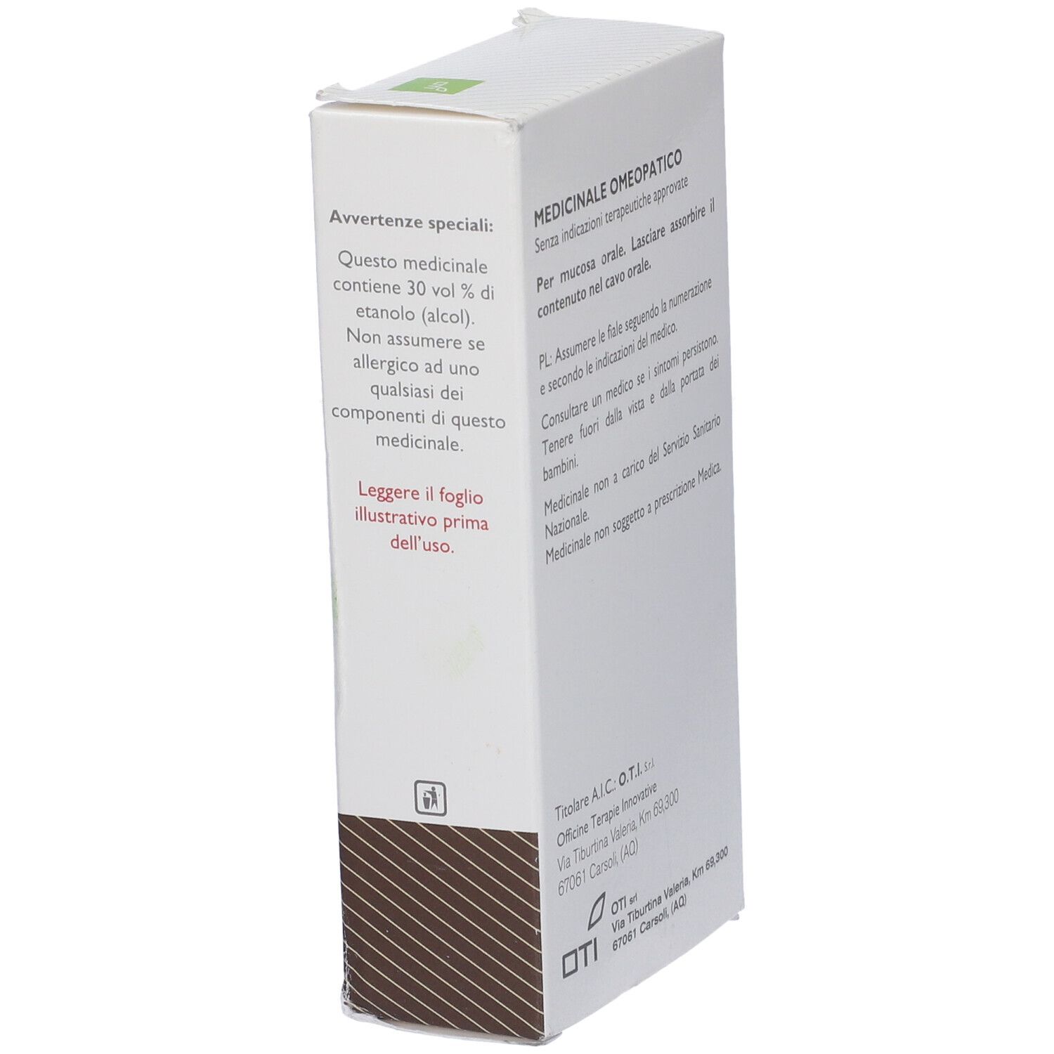 Vista laterale della confezione con testo. Contiene avvertenze e informazioni sull'uso. 'Medicinale Omeopatico'.