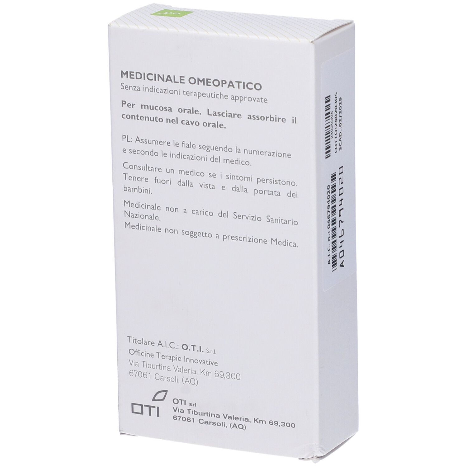 Retro della scatola bianca. Testo: Medicinale Omeopatico. Testo su uso e avvertenze. Indirizzo del produttore.