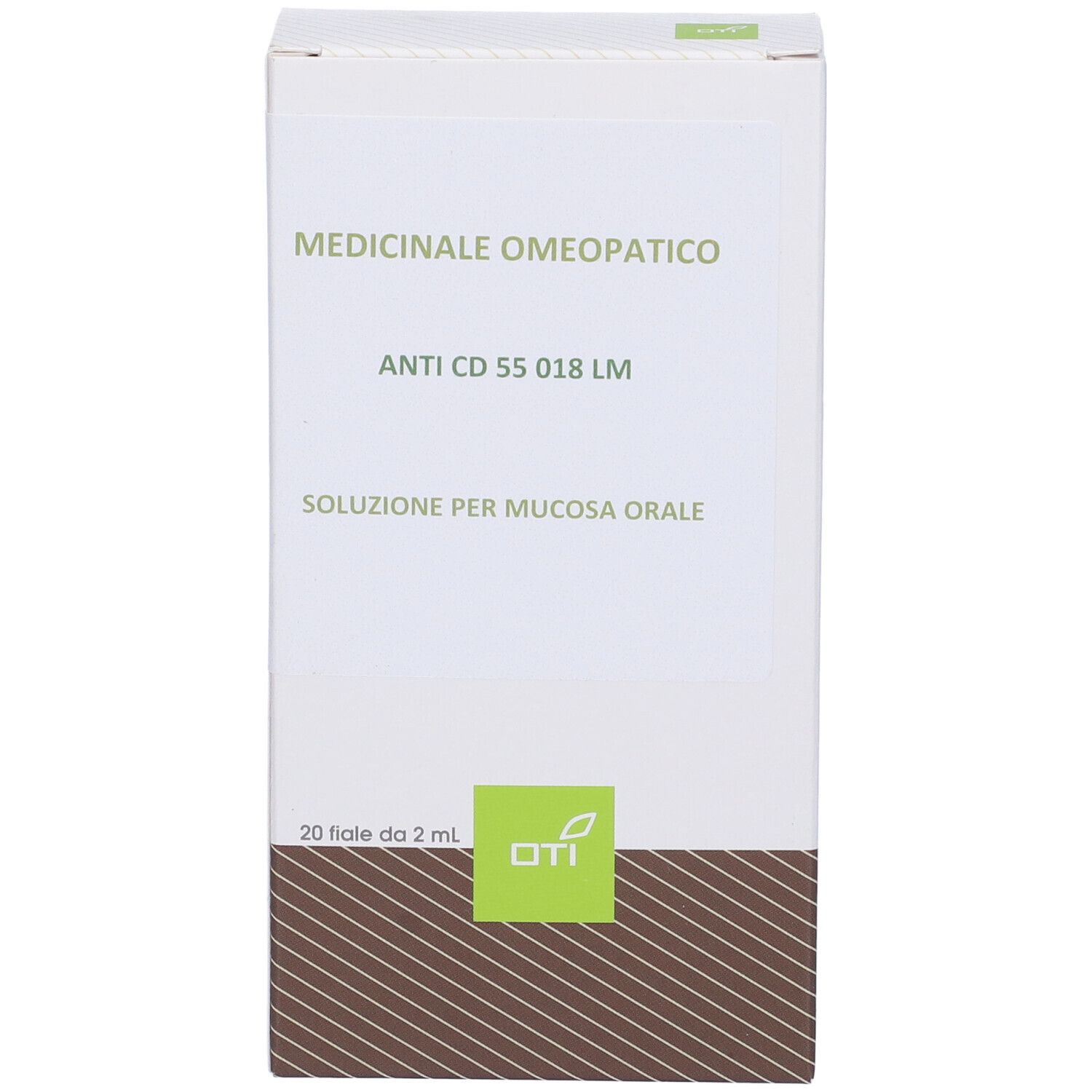 Scatola bianca con testo verde. Scritto: Medicinale Omeopatico, Anti CD 55 018 LM, Soluzione per mucosa orale. 20 Fiale da 2 ml.