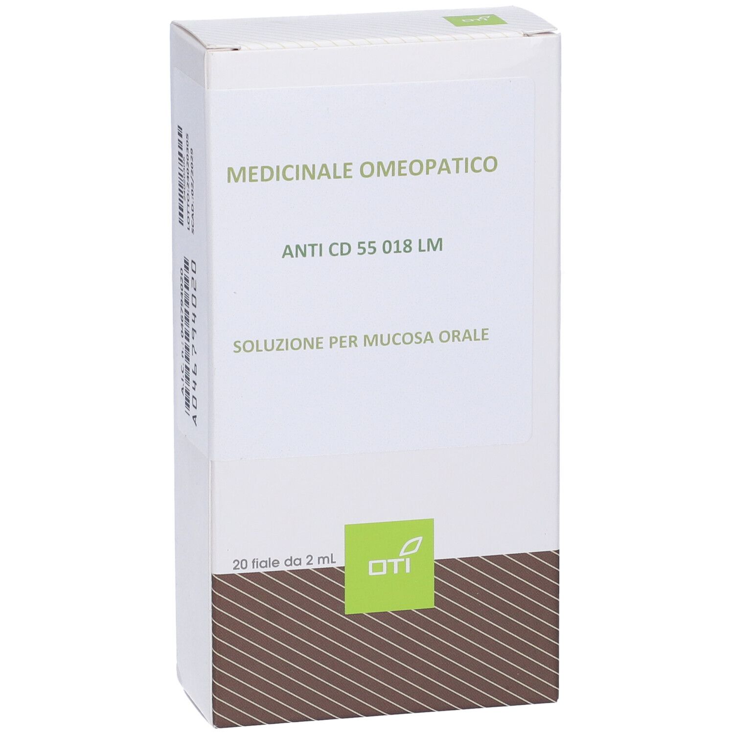 Scatola bianca con testo verde. Scritto: Medicinale Omeopatico, Anti CD 55 018 LM, Soluzione per mucosa orale. 20 Fiale da 2 ml.