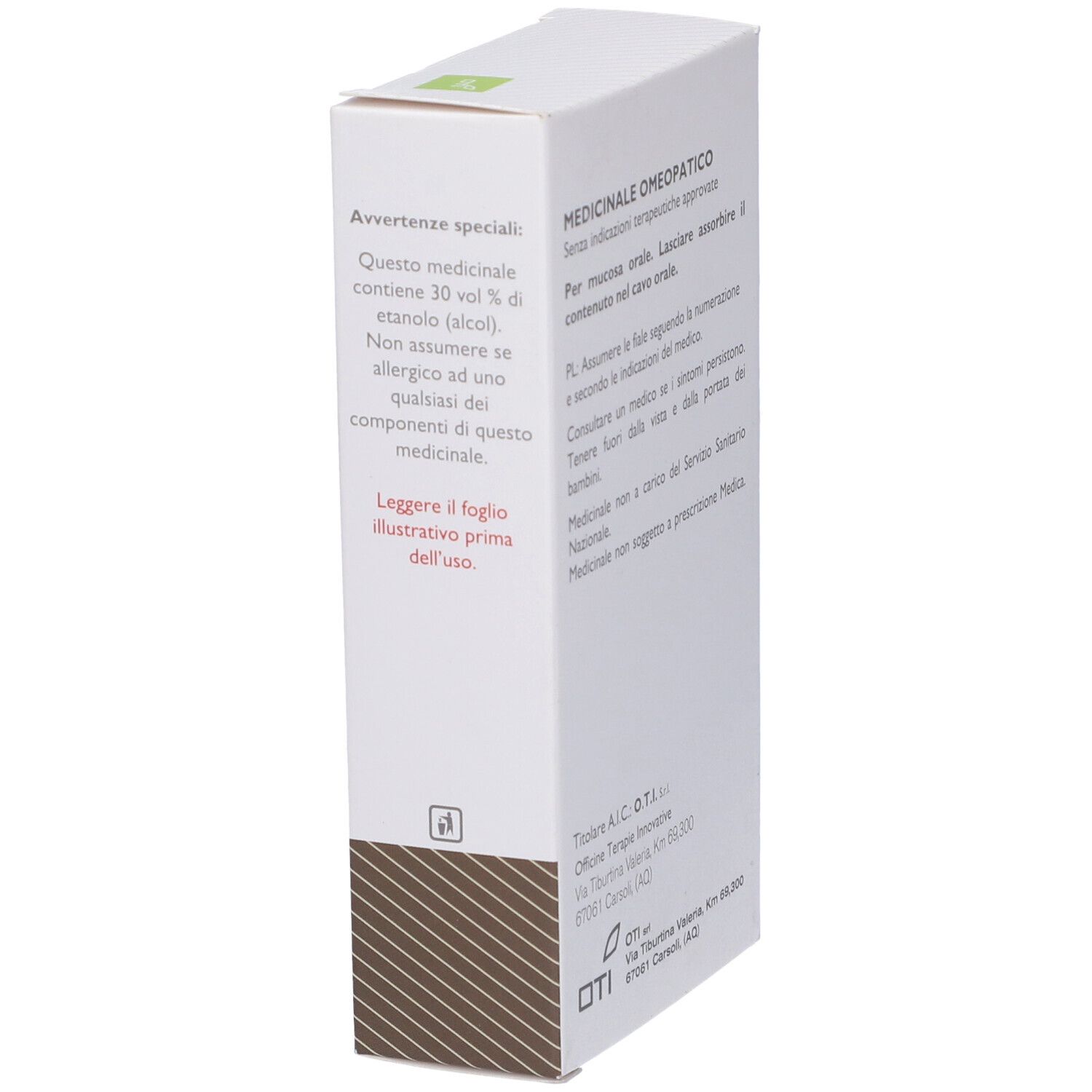 Lato della scatola bianca con testo: Medicinale, contiene alcol. Avvertenze.