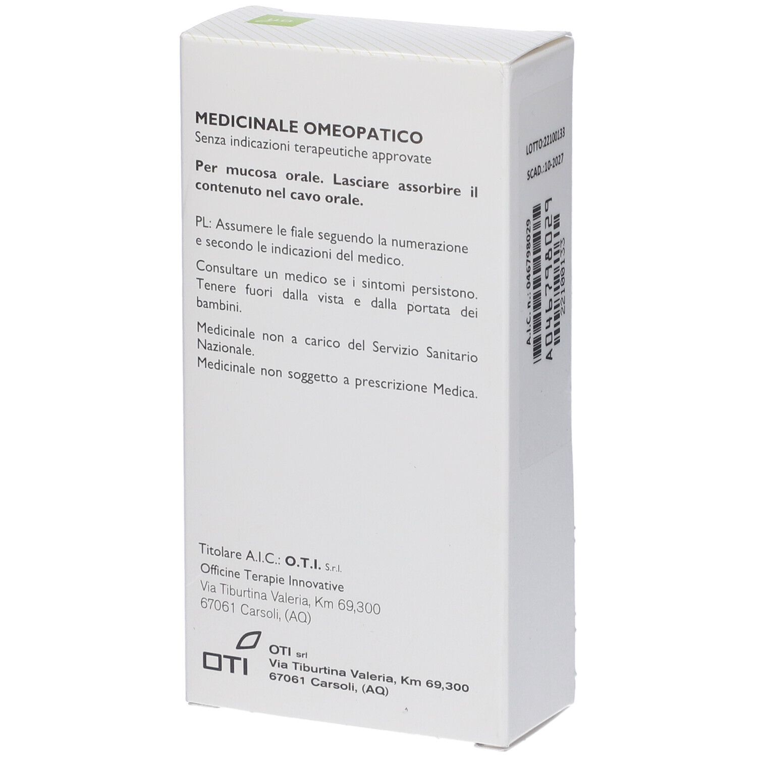Retro della confezione con testo: Medicinale Omeopatico, istruzioni per l'uso, informazioni del produttore.